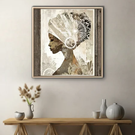 Abstract collage-style woman portrait with ornate head wrap, earth tones and botanical patterns
