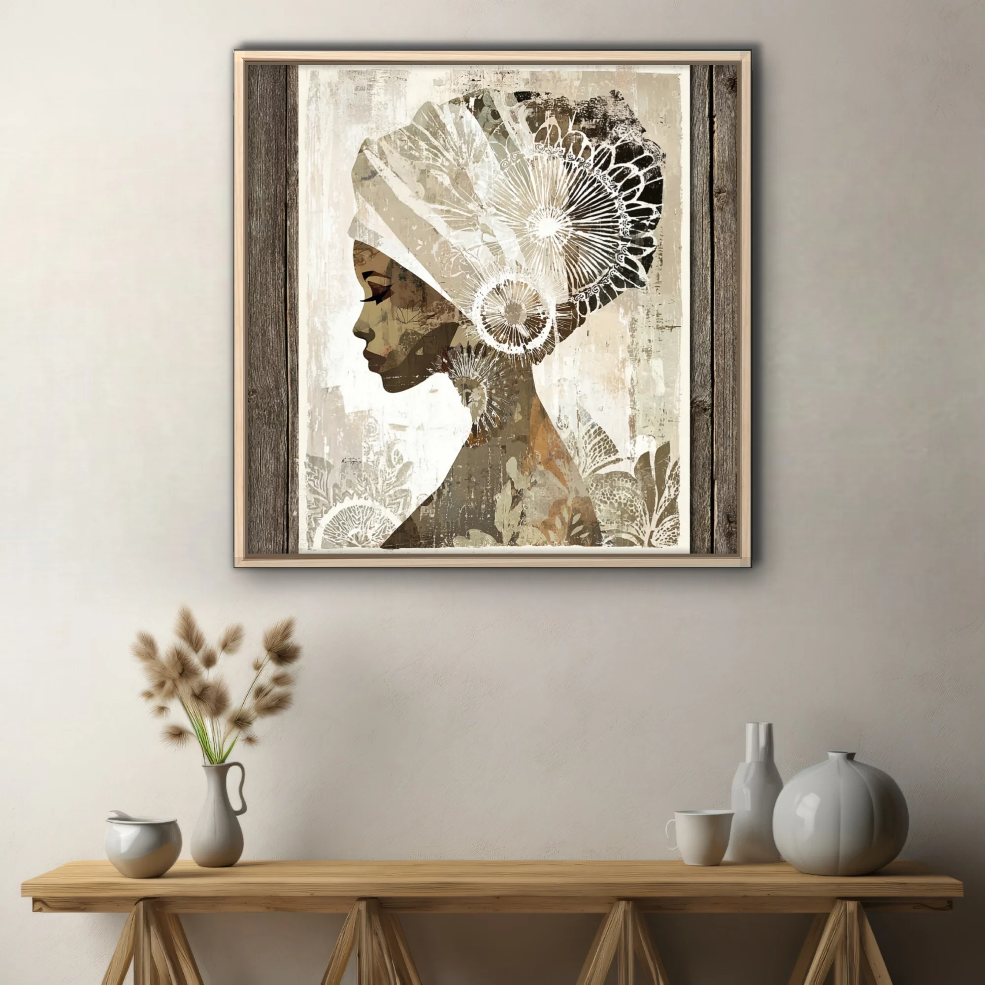 Abstract collage-style woman portrait with ornate head wrap, earth tones and botanical patterns