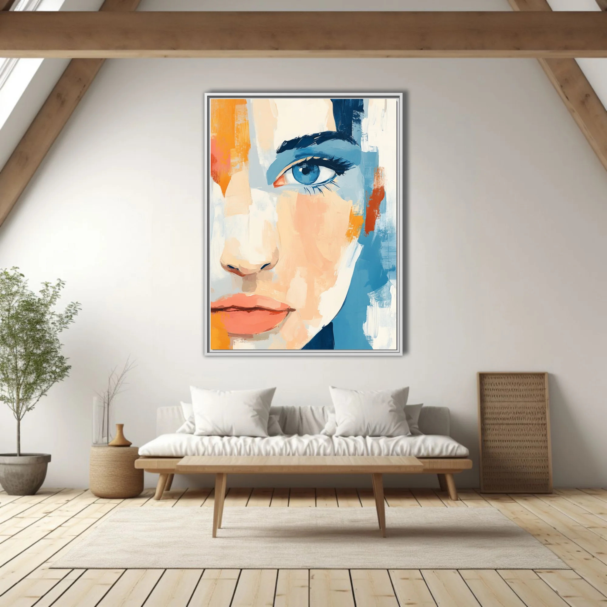 Abstract female face portrait in peach, cerulean and marigold with bold painterly strokes