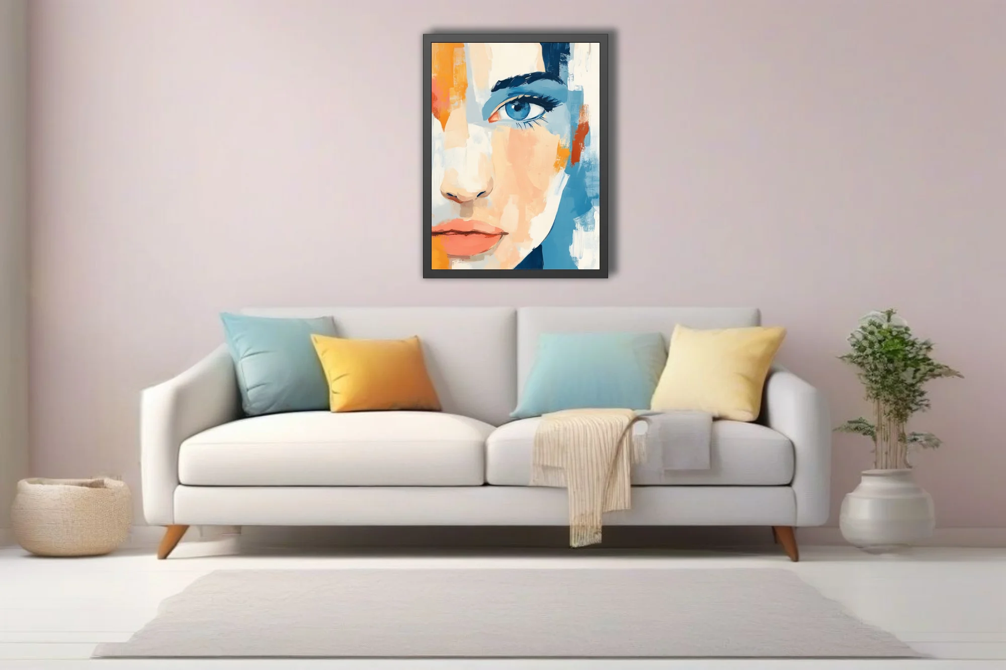 Abstract female face portrait in peach, cerulean and marigold with bold painterly strokes