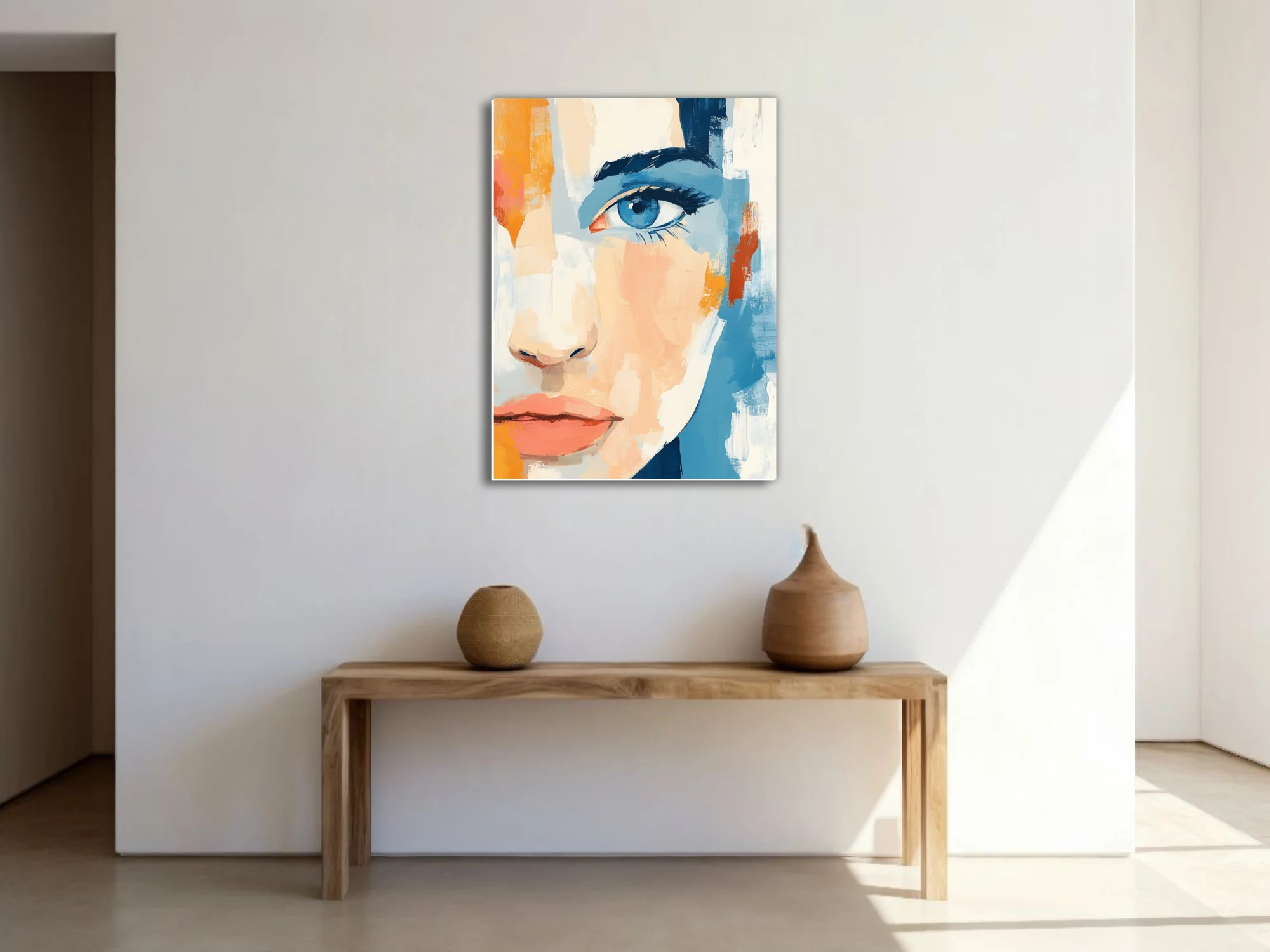 Abstract female face portrait in peach, cerulean and marigold with bold painterly strokes