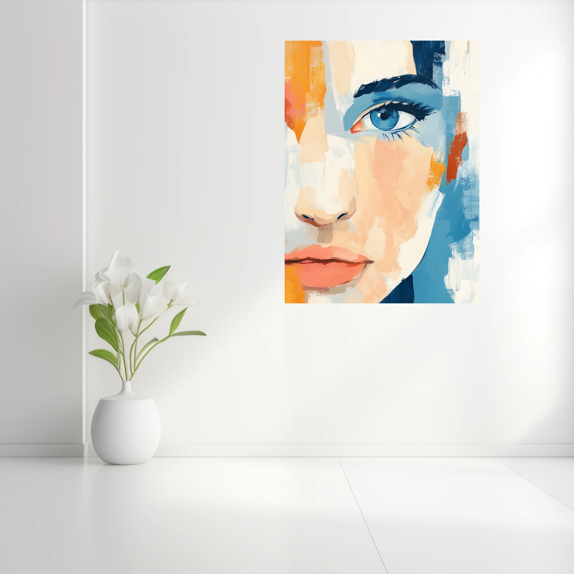 Abstract female face portrait in peach, cerulean and marigold with bold painterly strokes