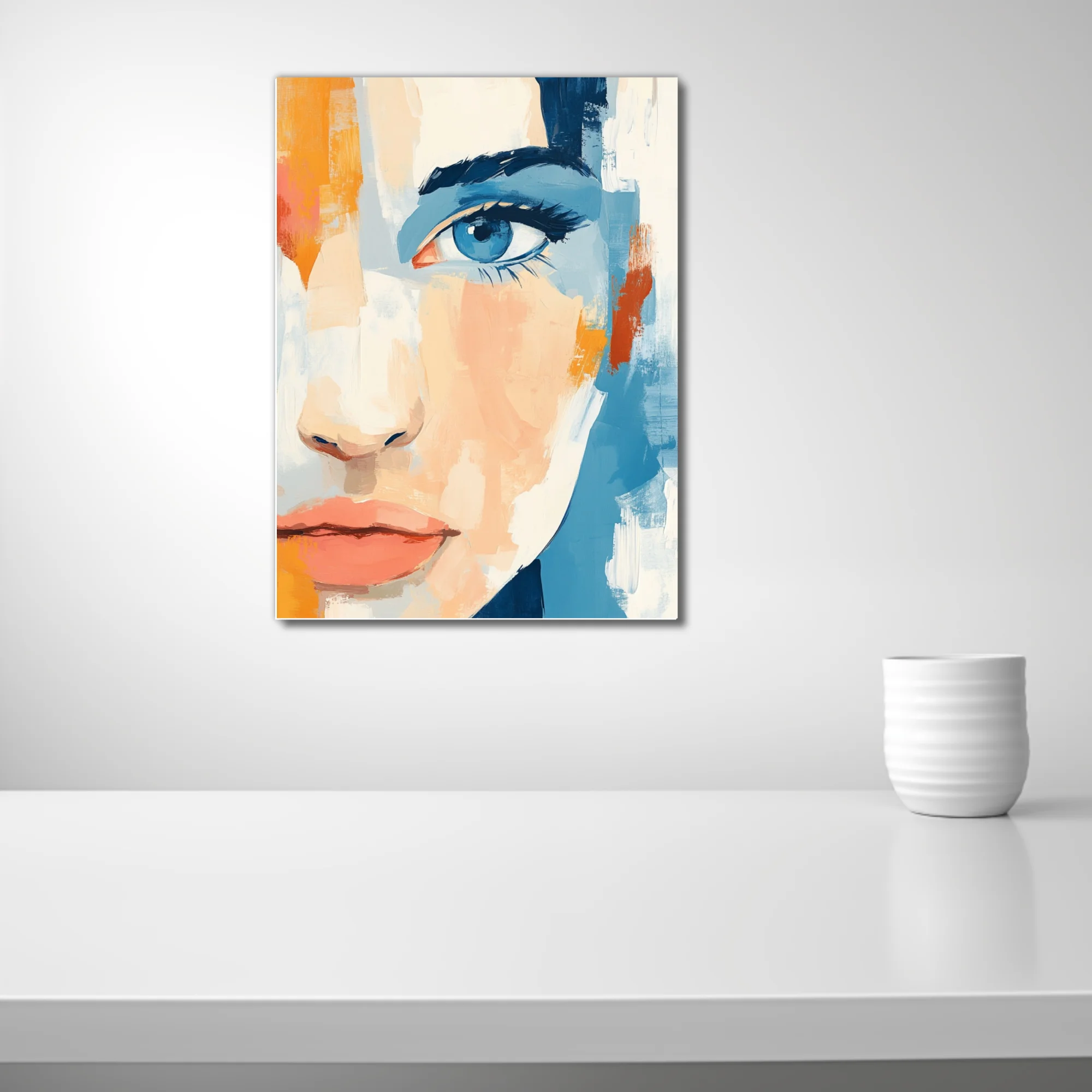 Abstract female face portrait in peach, cerulean and marigold with bold painterly strokes