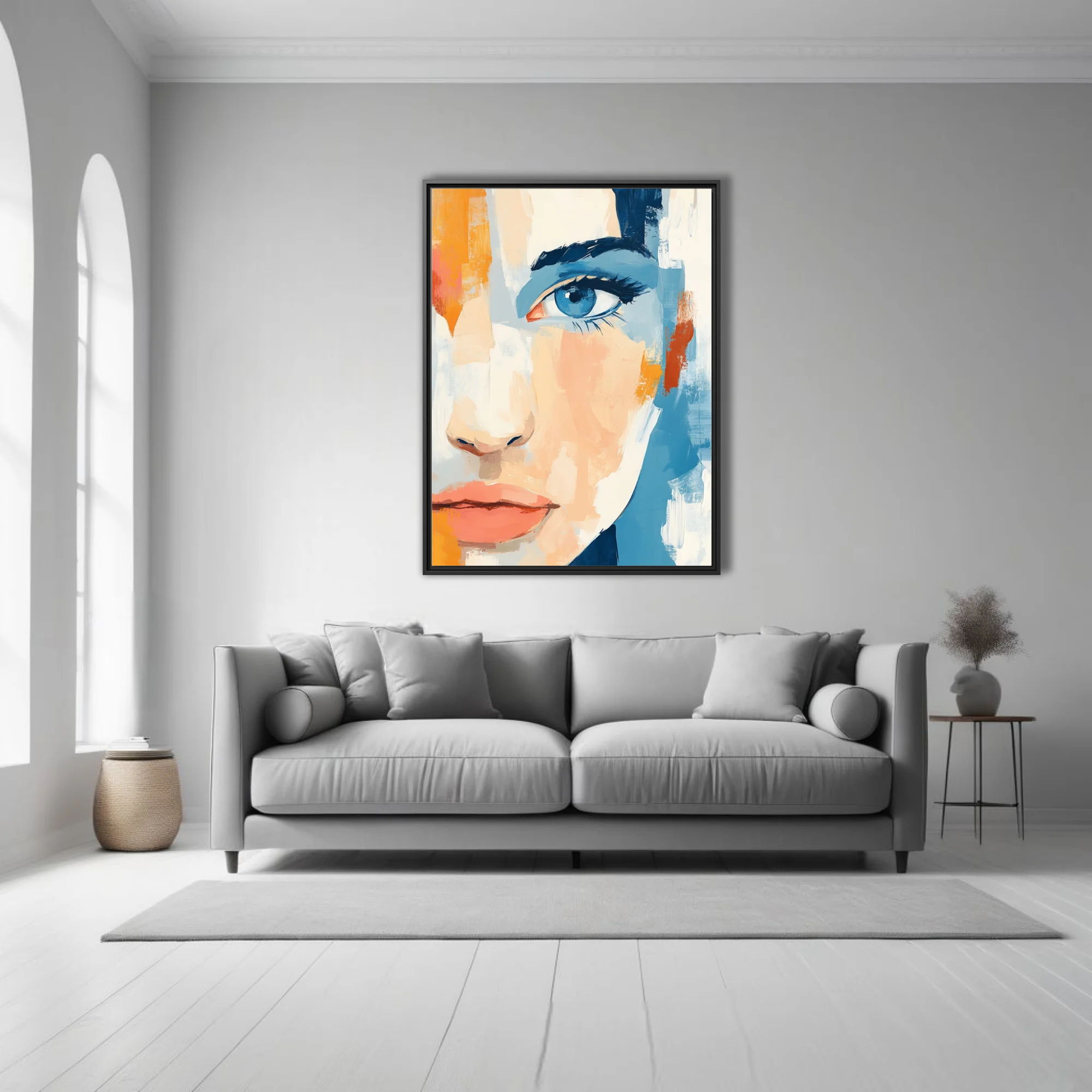 Abstract female face portrait in peach, cerulean and marigold with bold painterly strokes