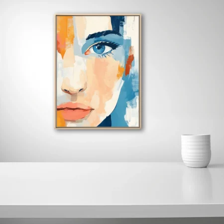 Abstract female face portrait in peach, cerulean and marigold with bold painterly strokes