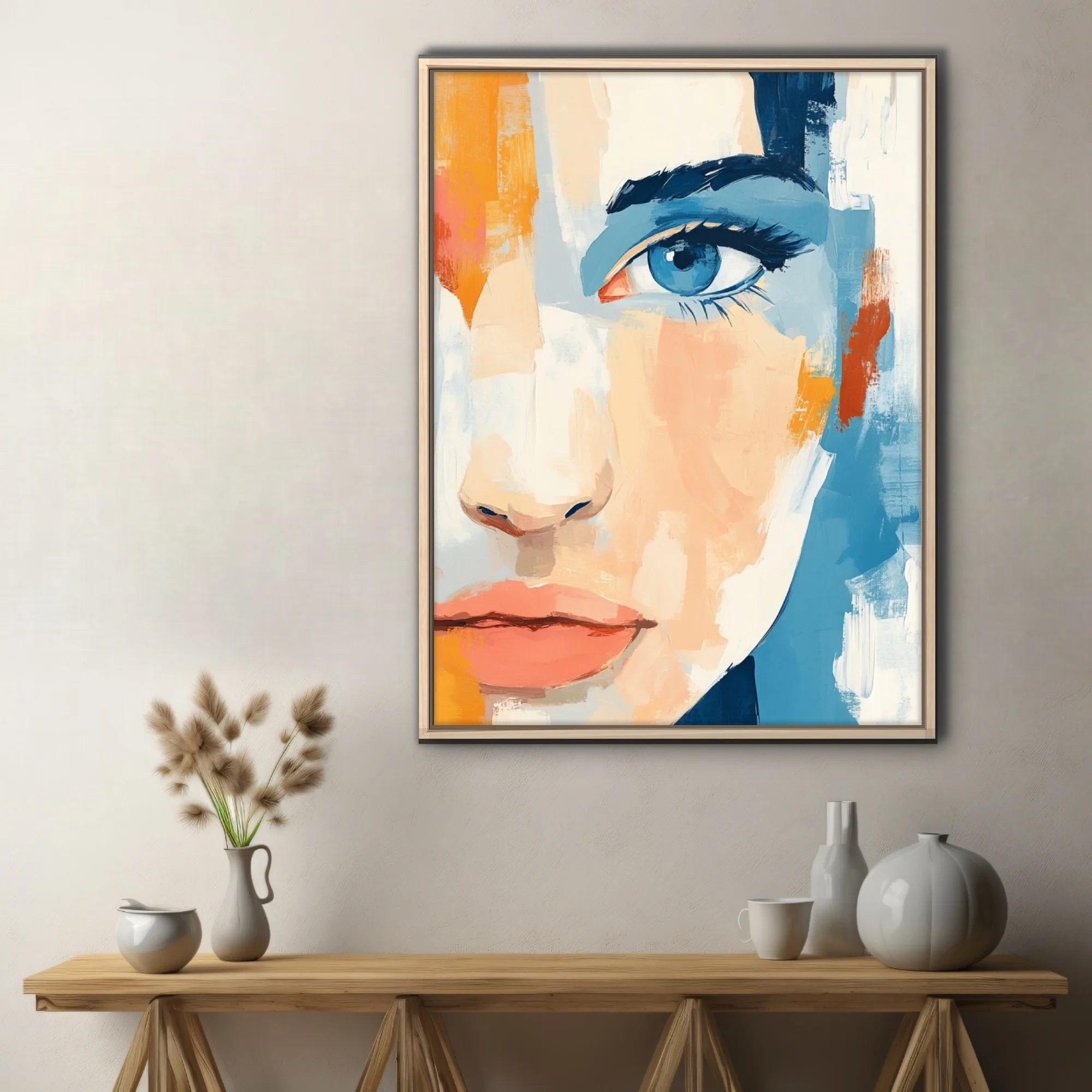 Abstract female face portrait in peach, cerulean and marigold with bold painterly strokes