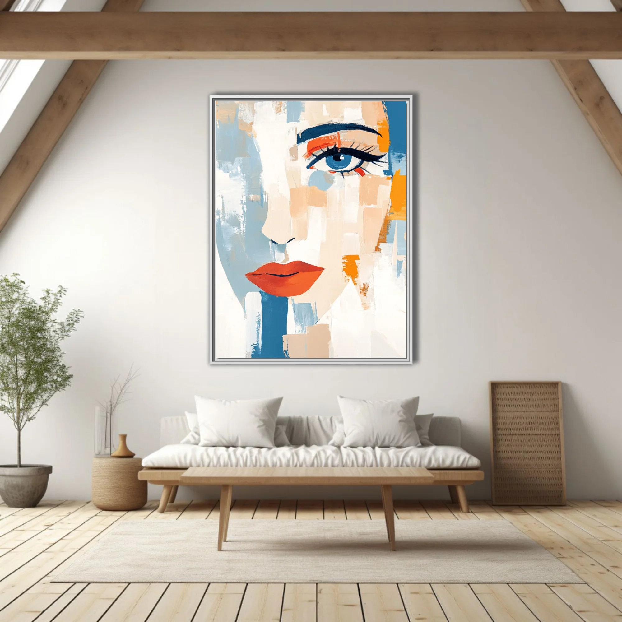 Abstract bold-graphic female portrait, cobalt blue eye, red-orange lips, bold strokes