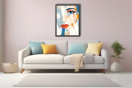 Abstract bold-graphic female portrait, cobalt blue eye, red-orange lips, bold strokes