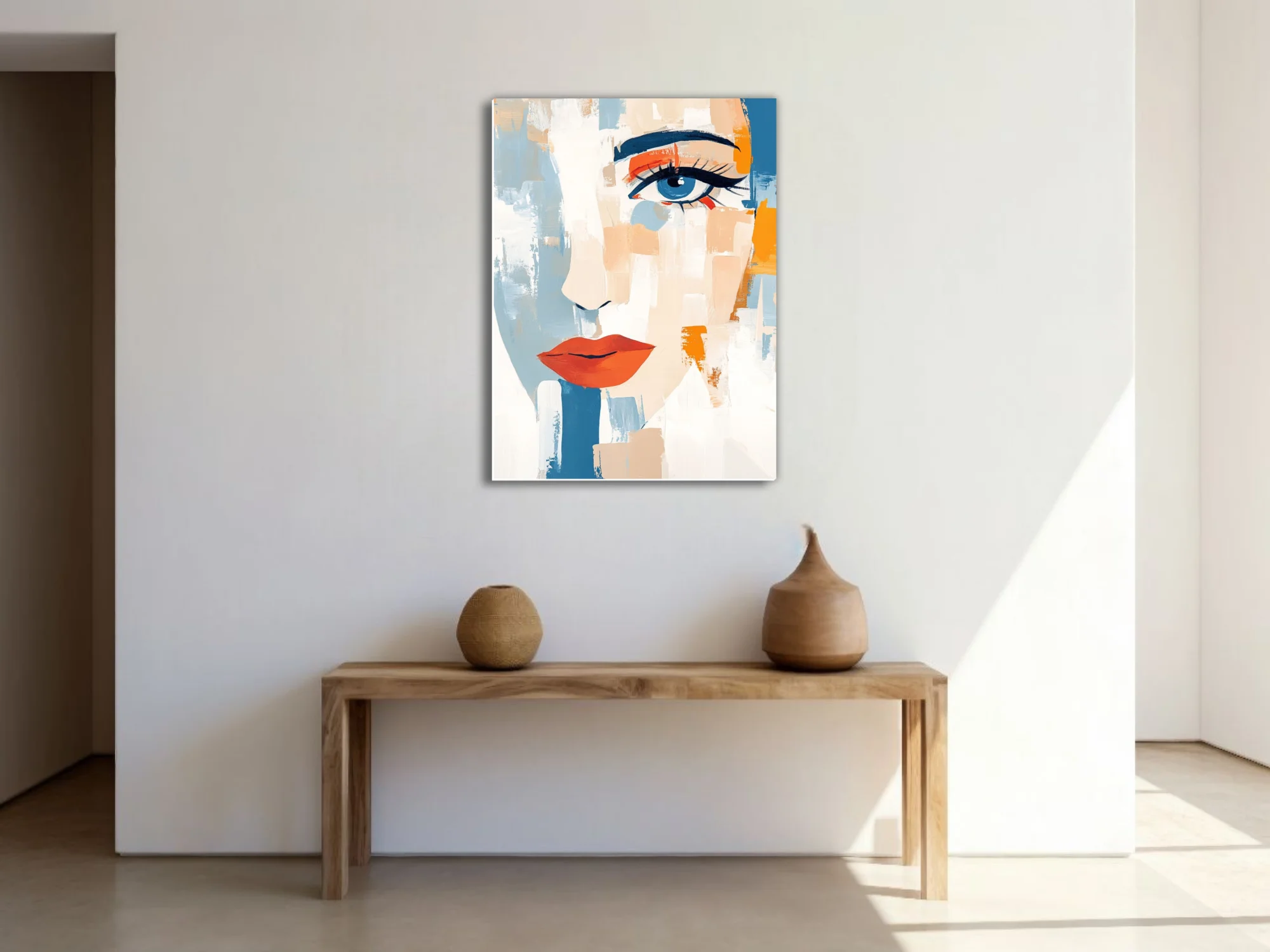 Abstract bold-graphic female portrait, cobalt blue eye, red-orange lips, bold strokes