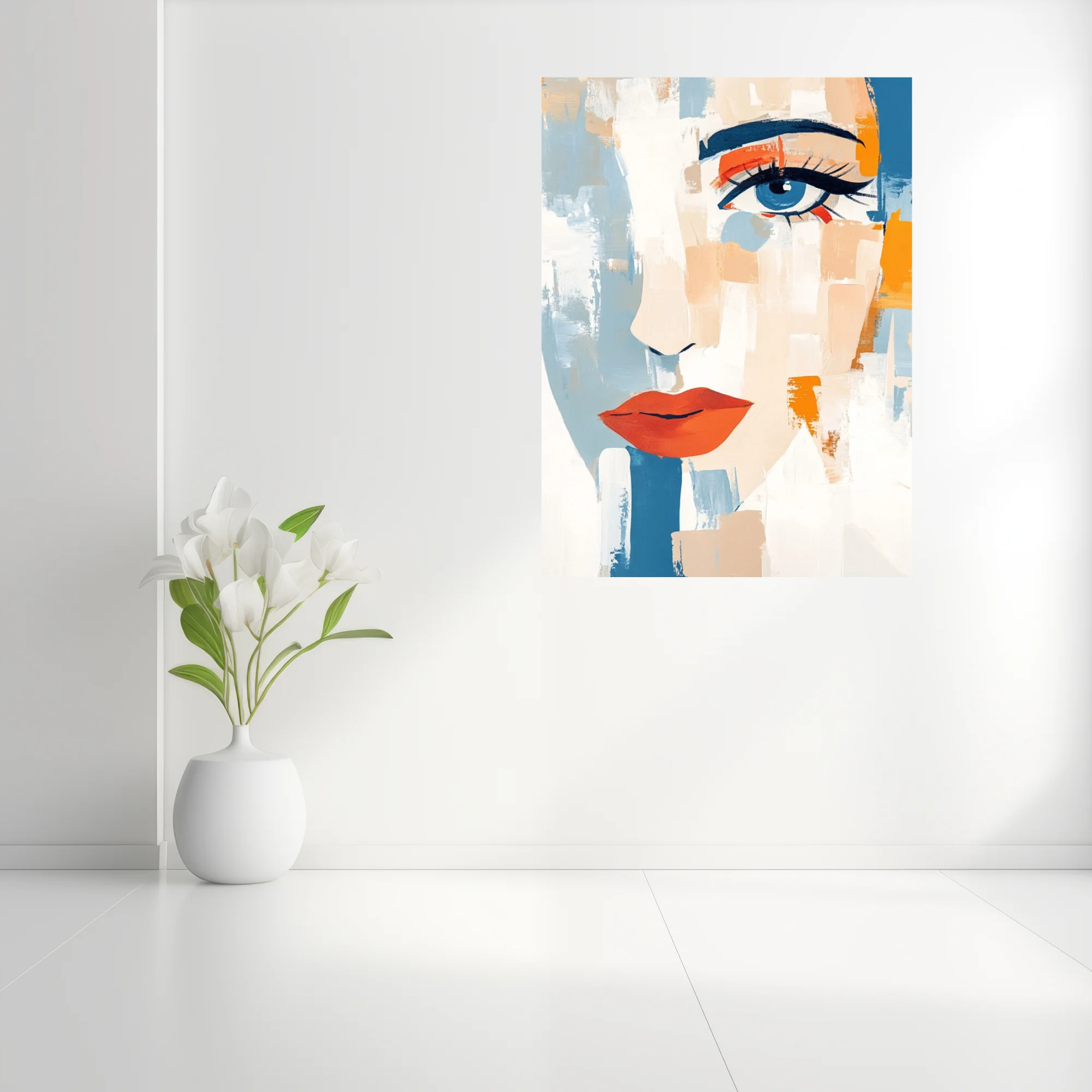 Abstract bold-graphic female portrait, cobalt blue eye, red-orange lips, bold strokes