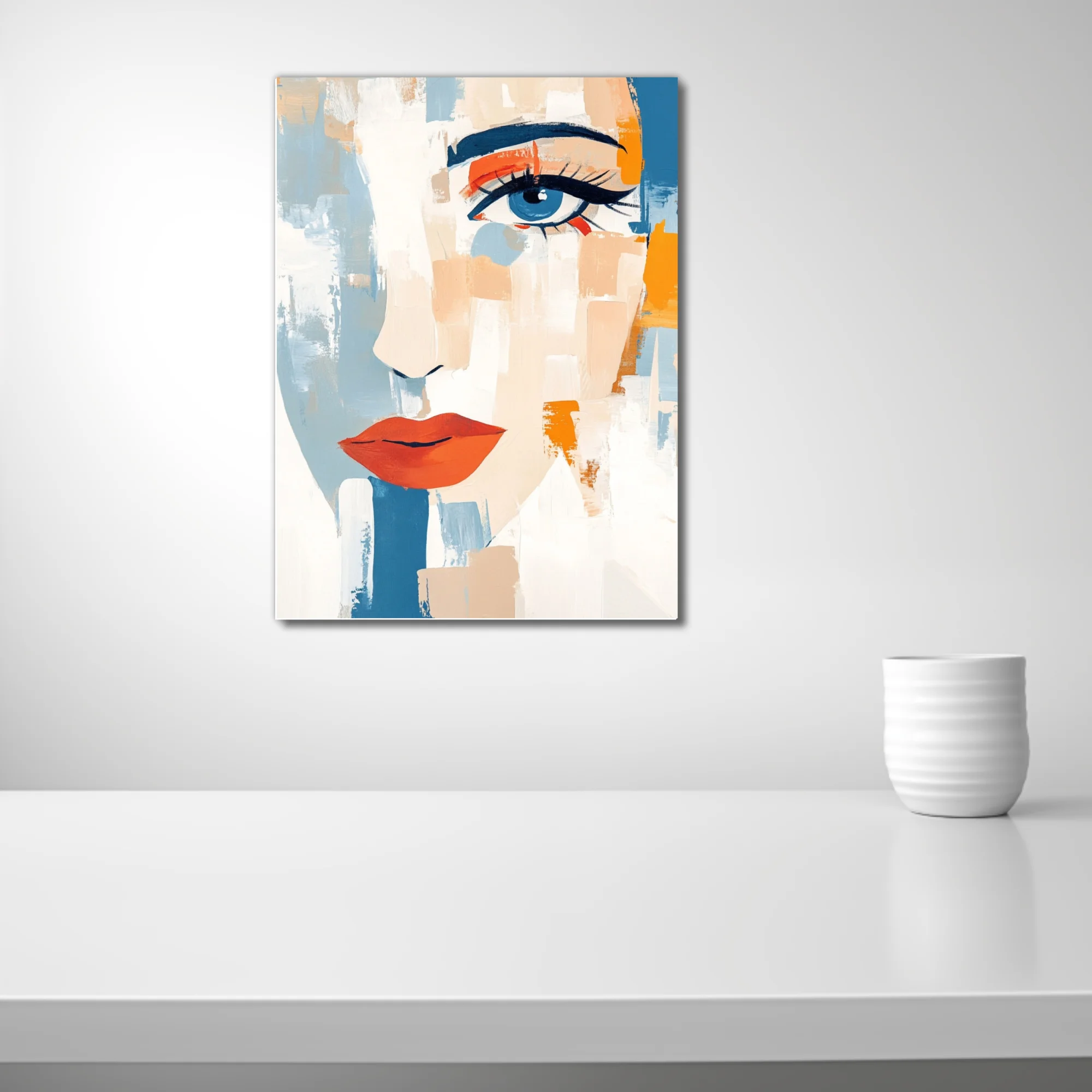 Abstract bold-graphic female portrait, cobalt blue eye, red-orange lips, bold strokes