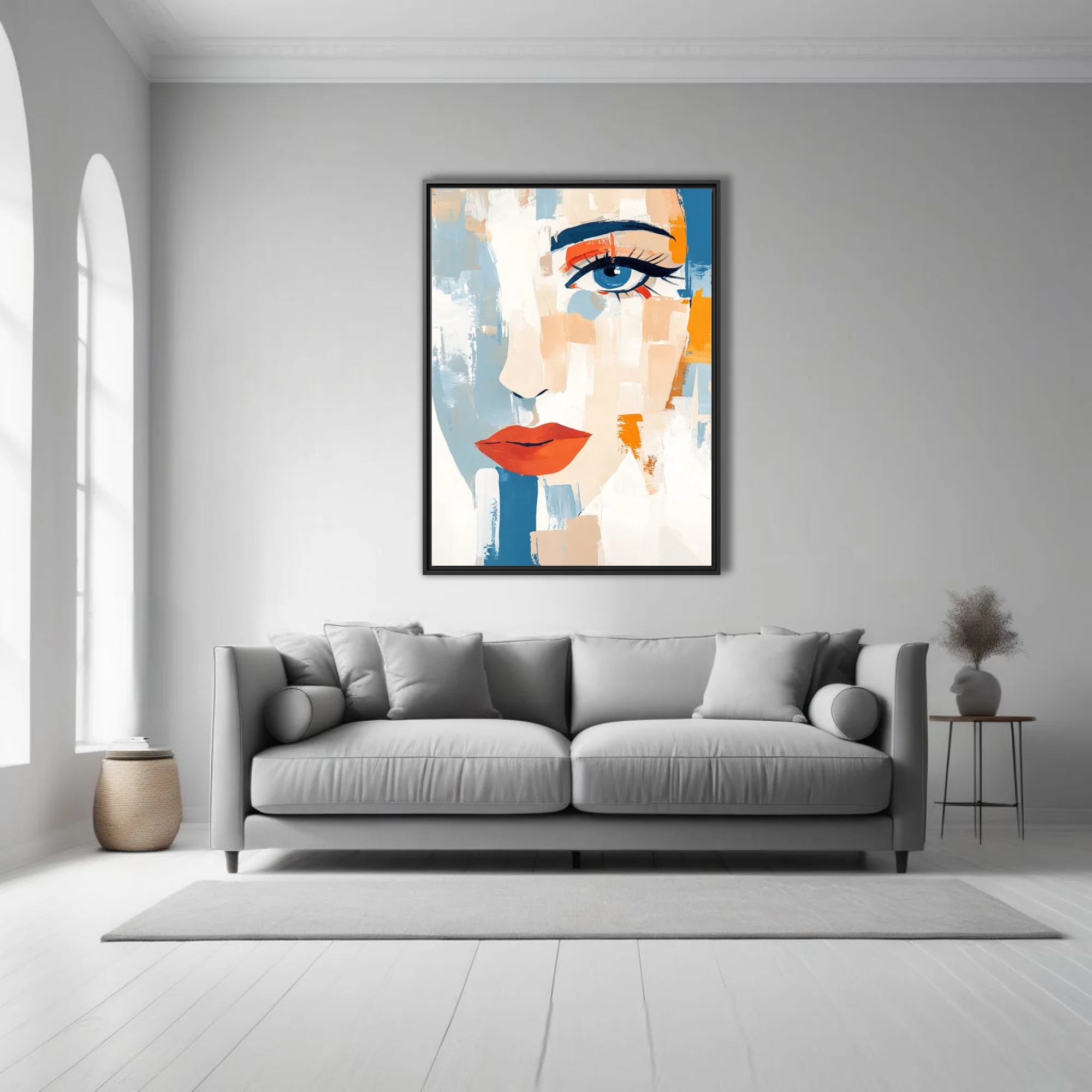 Abstract bold-graphic female portrait, cobalt blue eye, red-orange lips, bold strokes