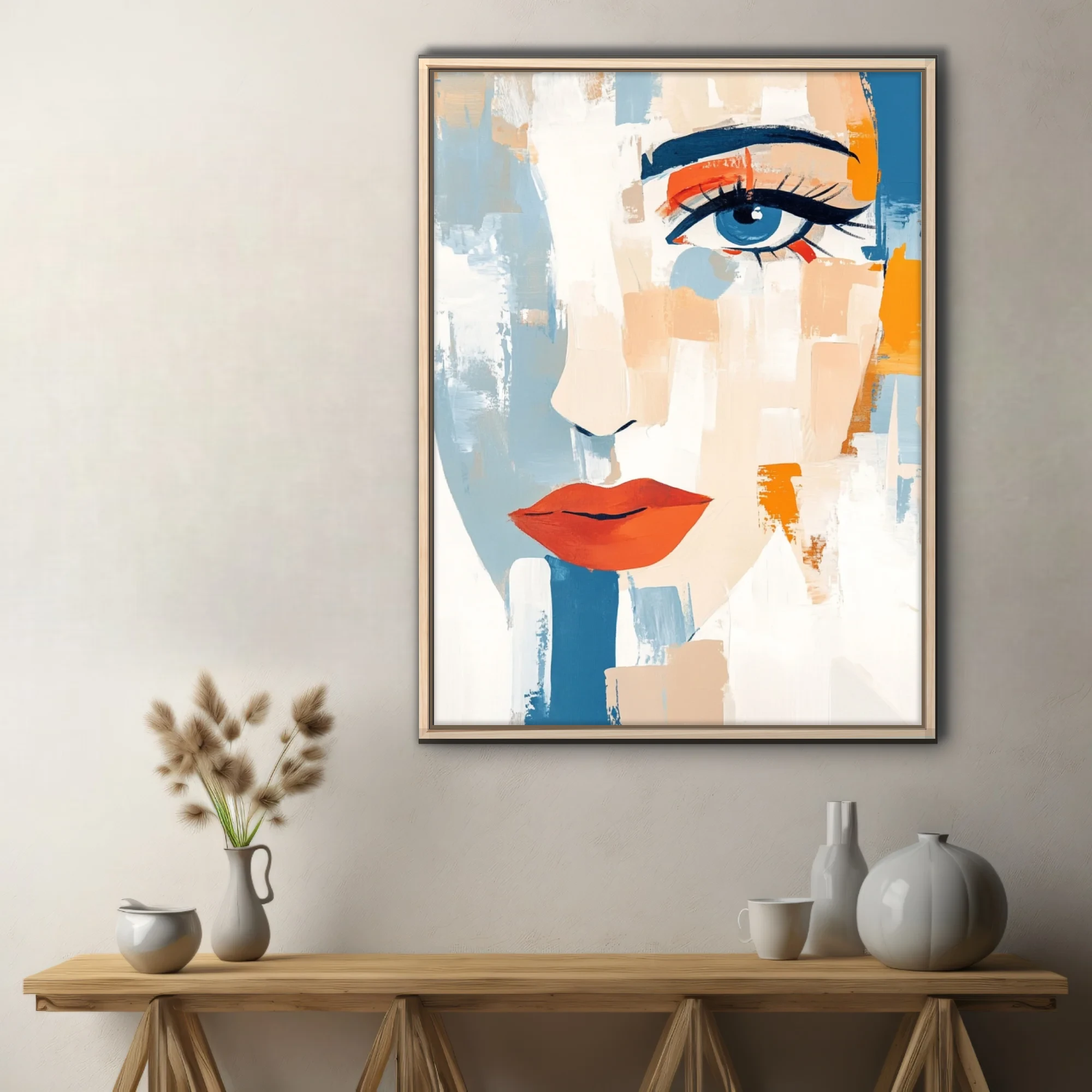Abstract bold-graphic female portrait, cobalt blue eye, red-orange lips, bold strokes