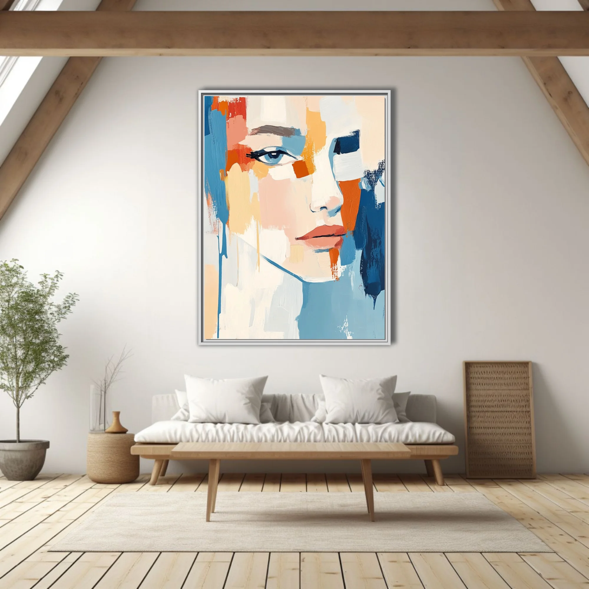 Contemporary abstract woman portrait in coral, tangerine and sky-blue strokes