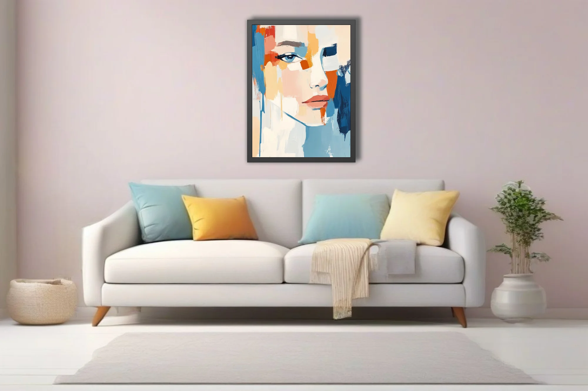 Contemporary abstract woman portrait in coral, tangerine and sky-blue strokes