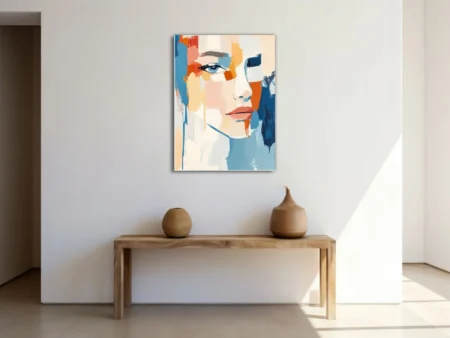Contemporary abstract woman portrait in coral, tangerine and sky-blue strokes