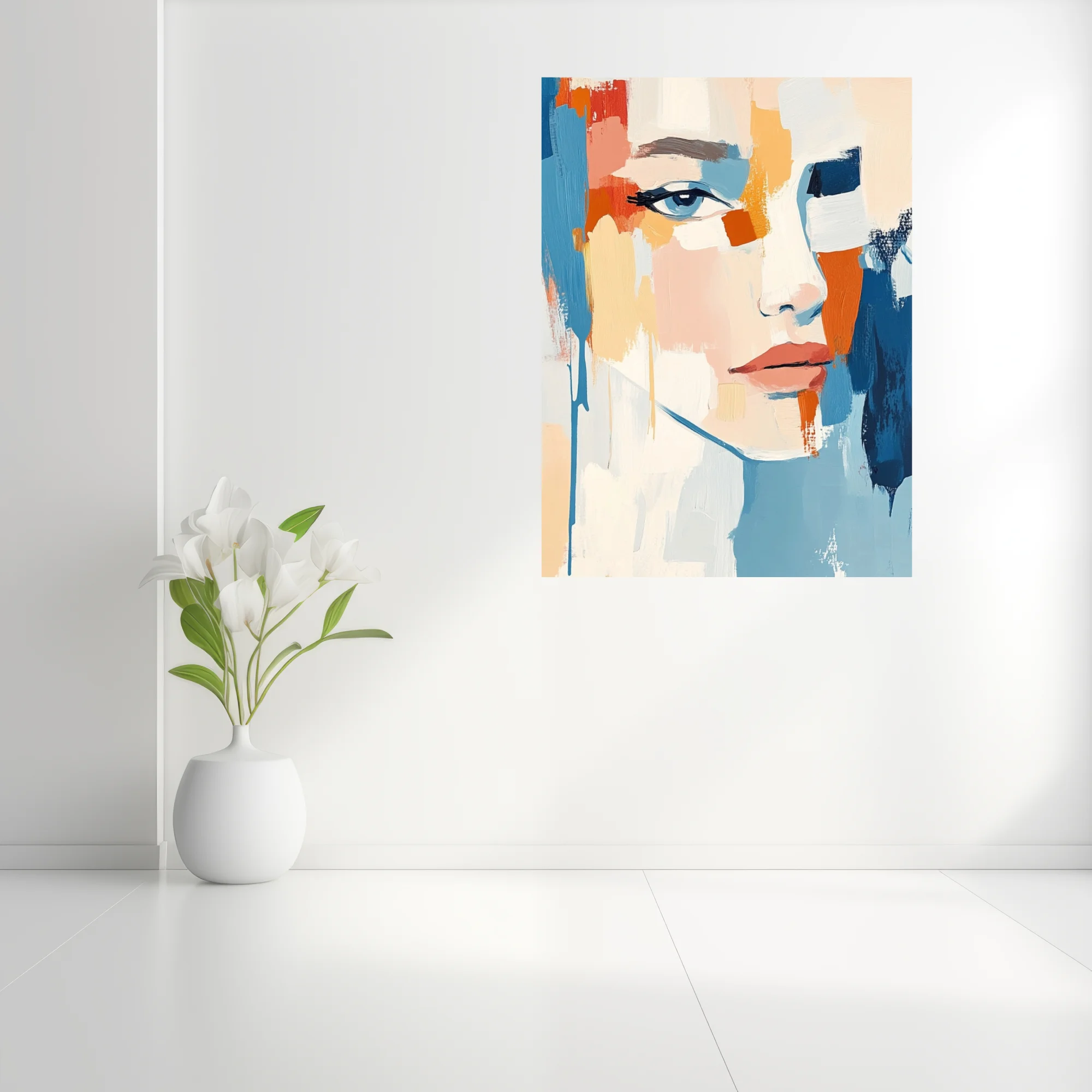 Contemporary abstract woman portrait in coral, tangerine and sky-blue strokes