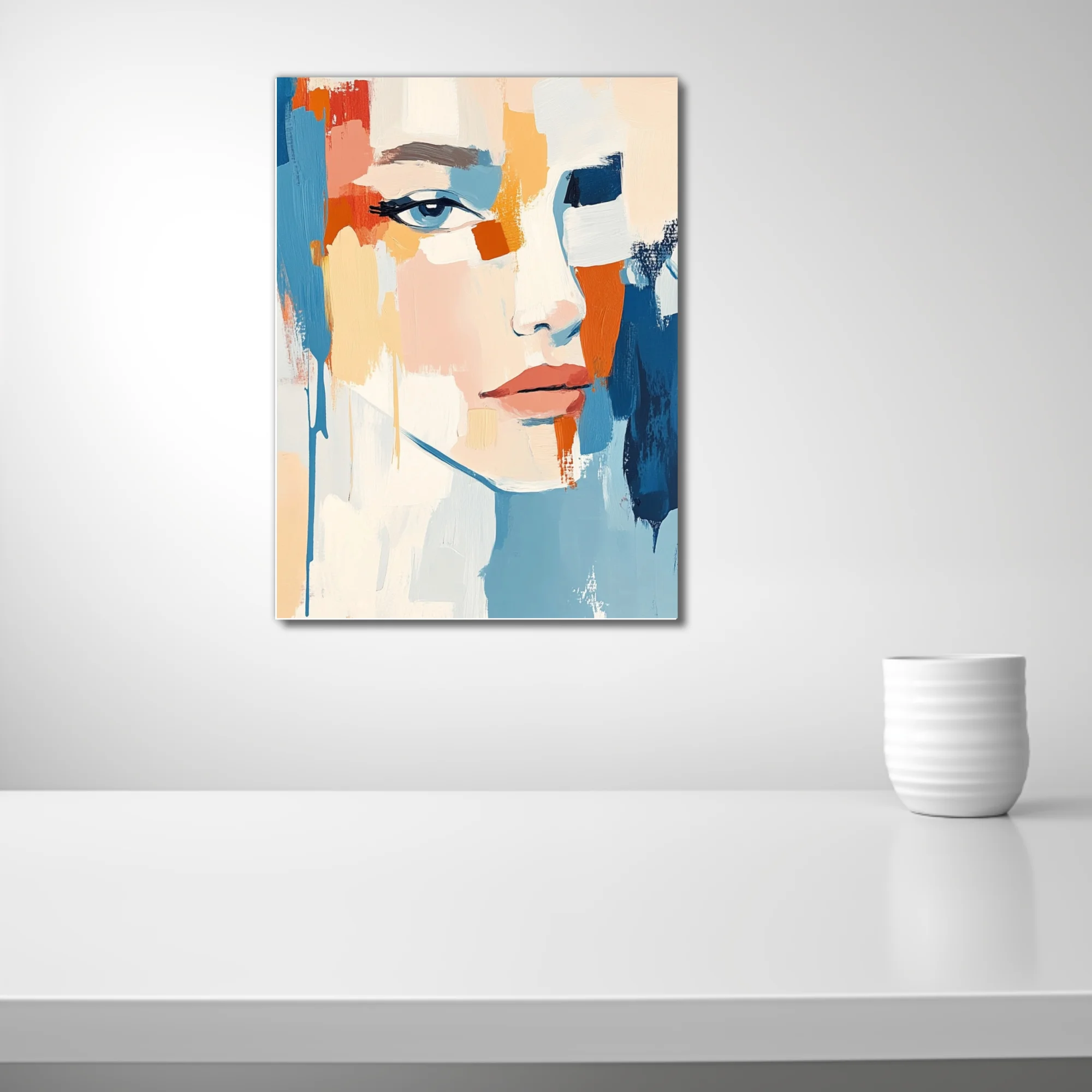 Contemporary abstract woman portrait in coral, tangerine and sky-blue strokes
