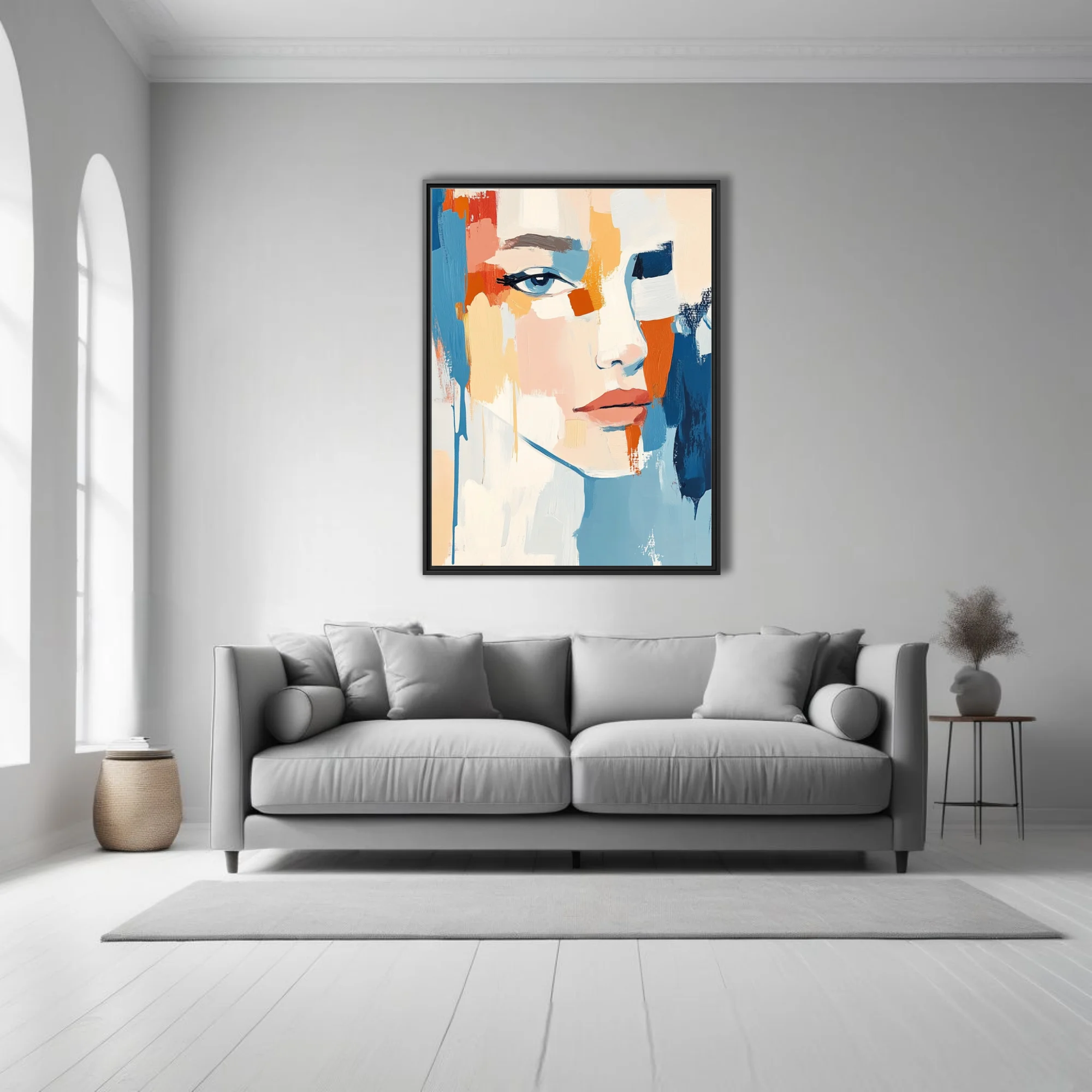 Contemporary abstract woman portrait in coral, tangerine and sky-blue strokes