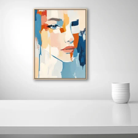 Contemporary abstract woman portrait in coral, tangerine and sky-blue strokes