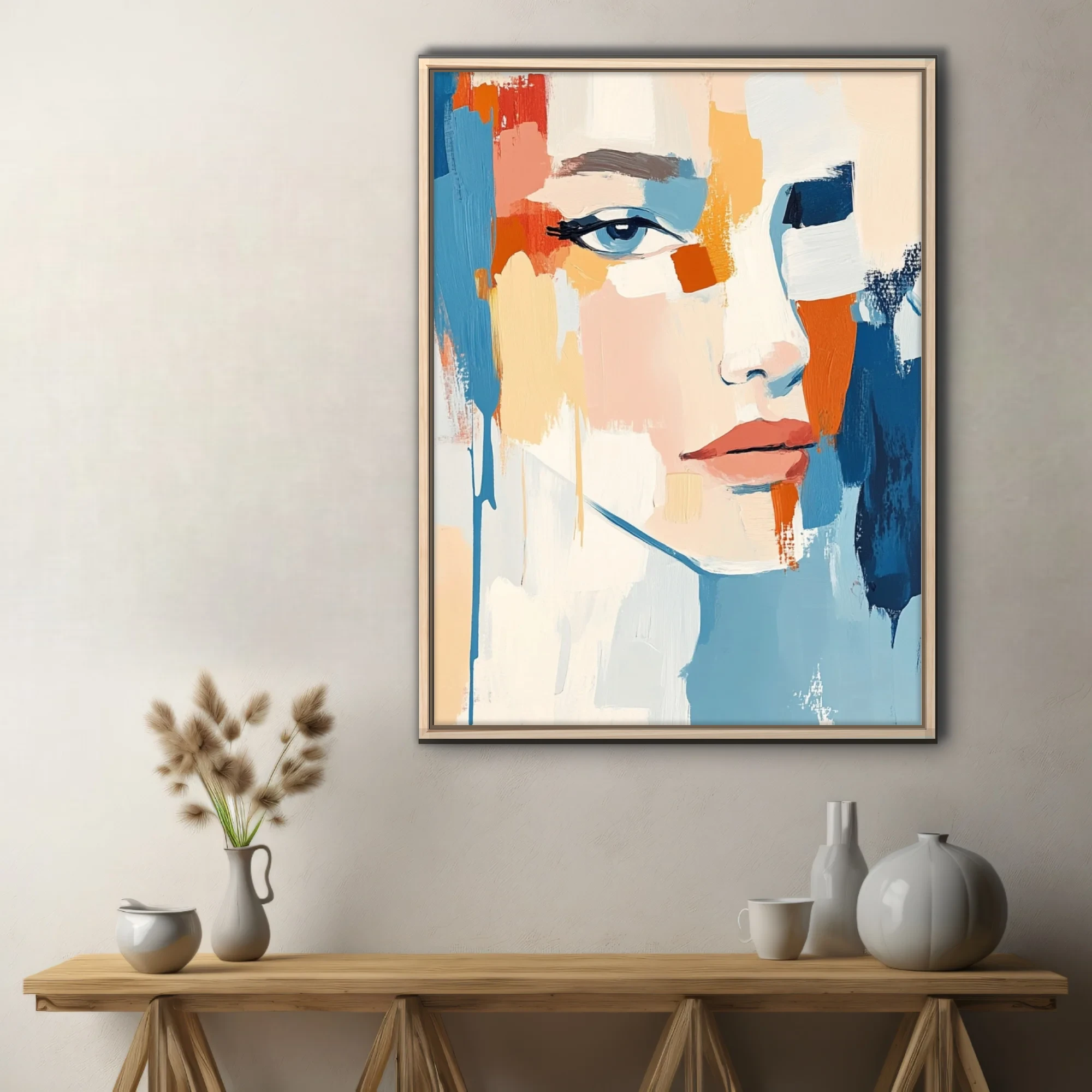 Contemporary abstract woman portrait in coral, tangerine and sky-blue strokes