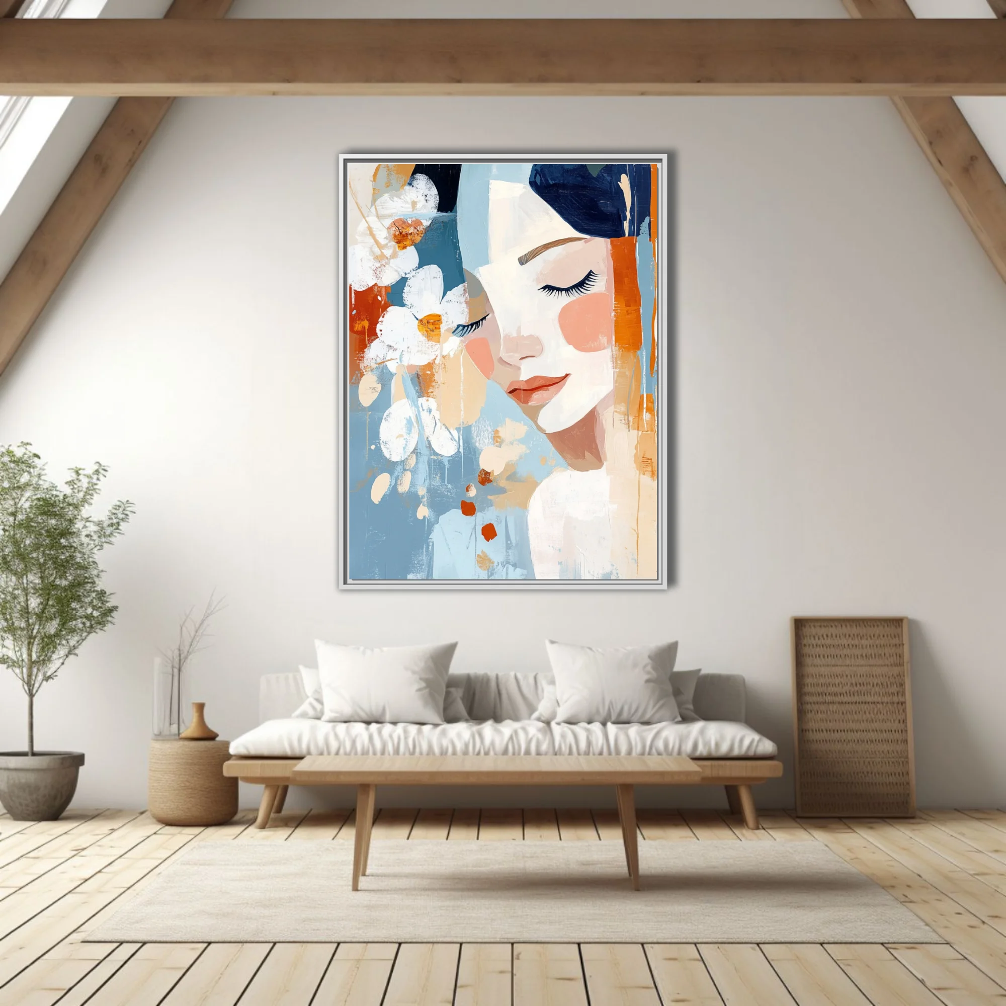 Abstract portrait of a woman with floral motifs, blue and terracotta painterly illustration