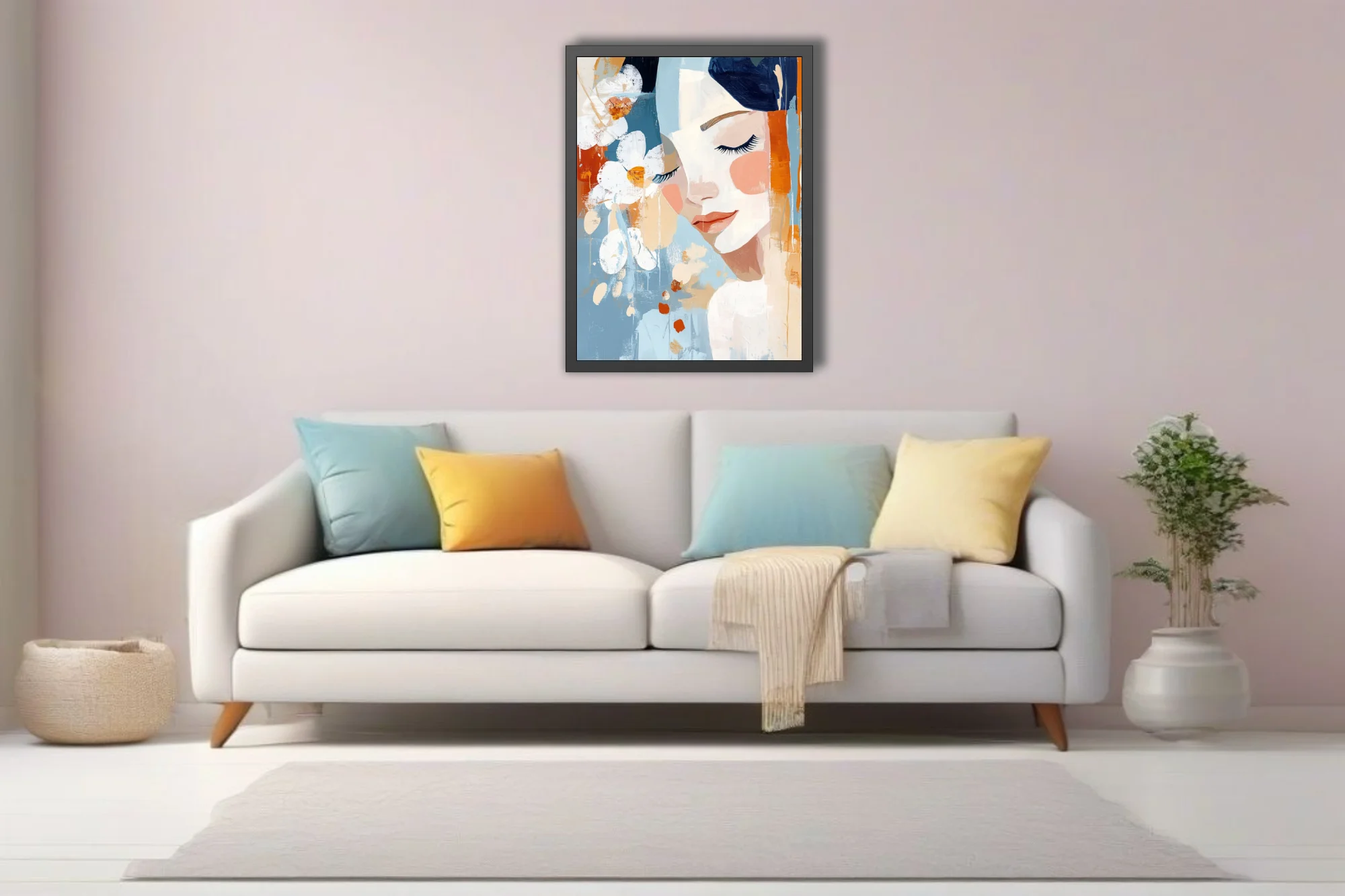 Abstract portrait of a woman with floral motifs, blue and terracotta painterly illustration