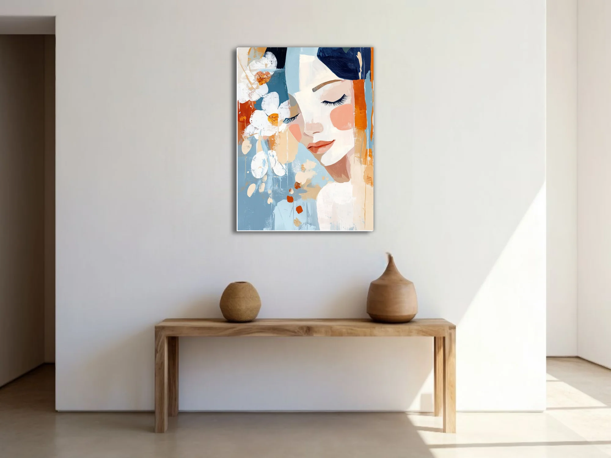 Abstract portrait of a woman with floral motifs, blue and terracotta painterly illustration