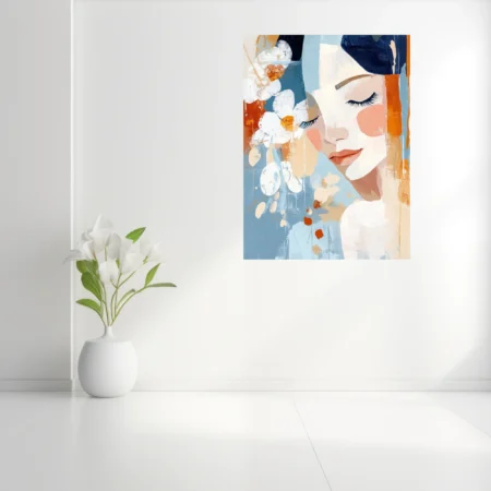 Abstract portrait of a woman with floral motifs, blue and terracotta painterly illustration