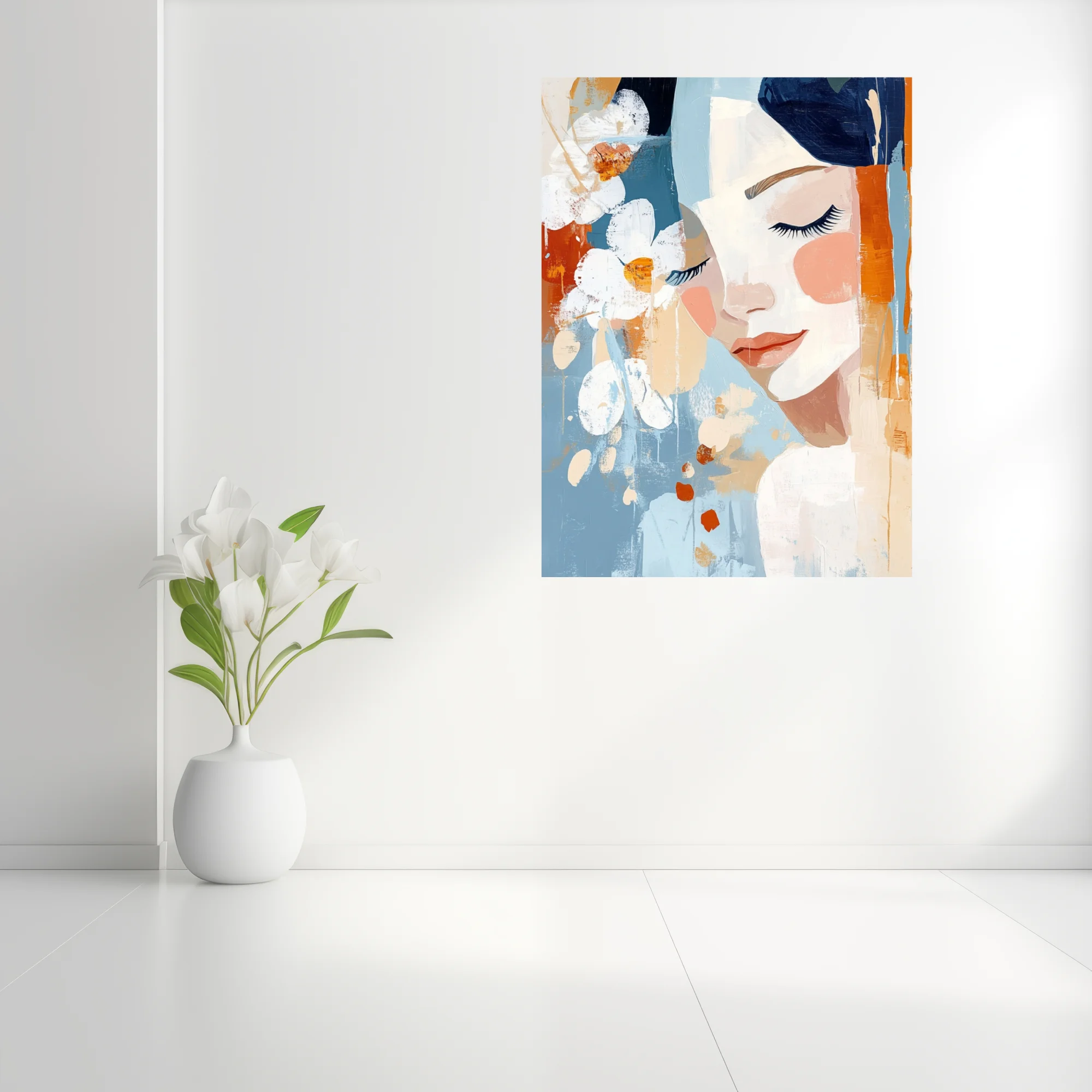 Abstract portrait of a woman with floral motifs, blue and terracotta painterly illustration