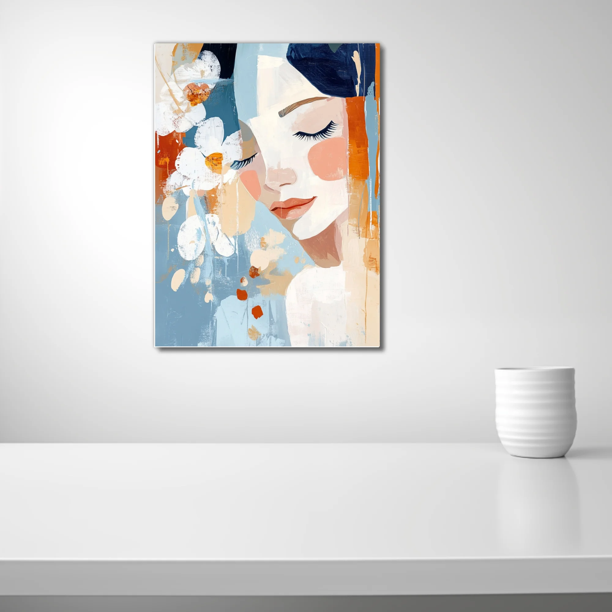 Abstract portrait of a woman with floral motifs, blue and terracotta painterly illustration