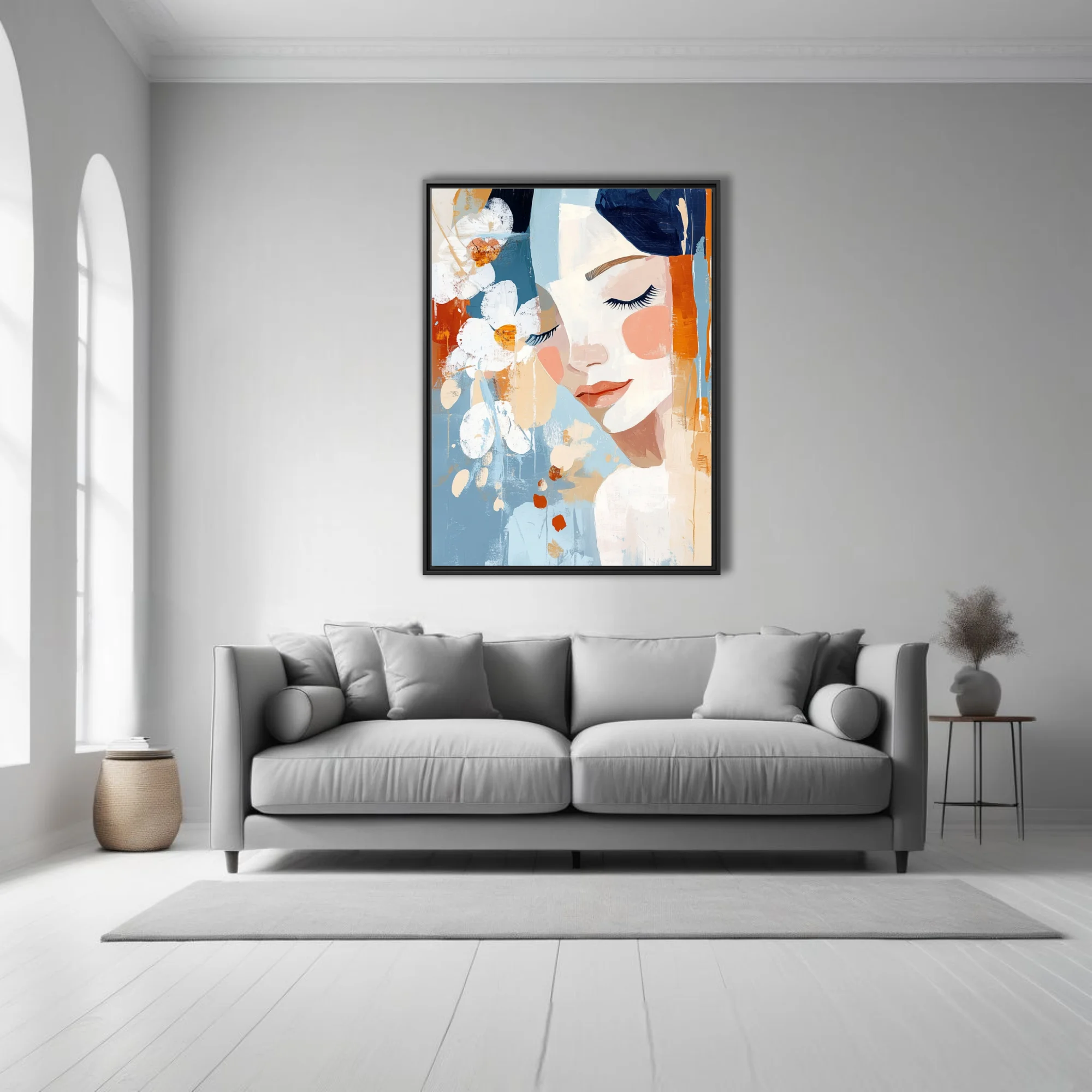 Abstract portrait of a woman with floral motifs, blue and terracotta painterly illustration