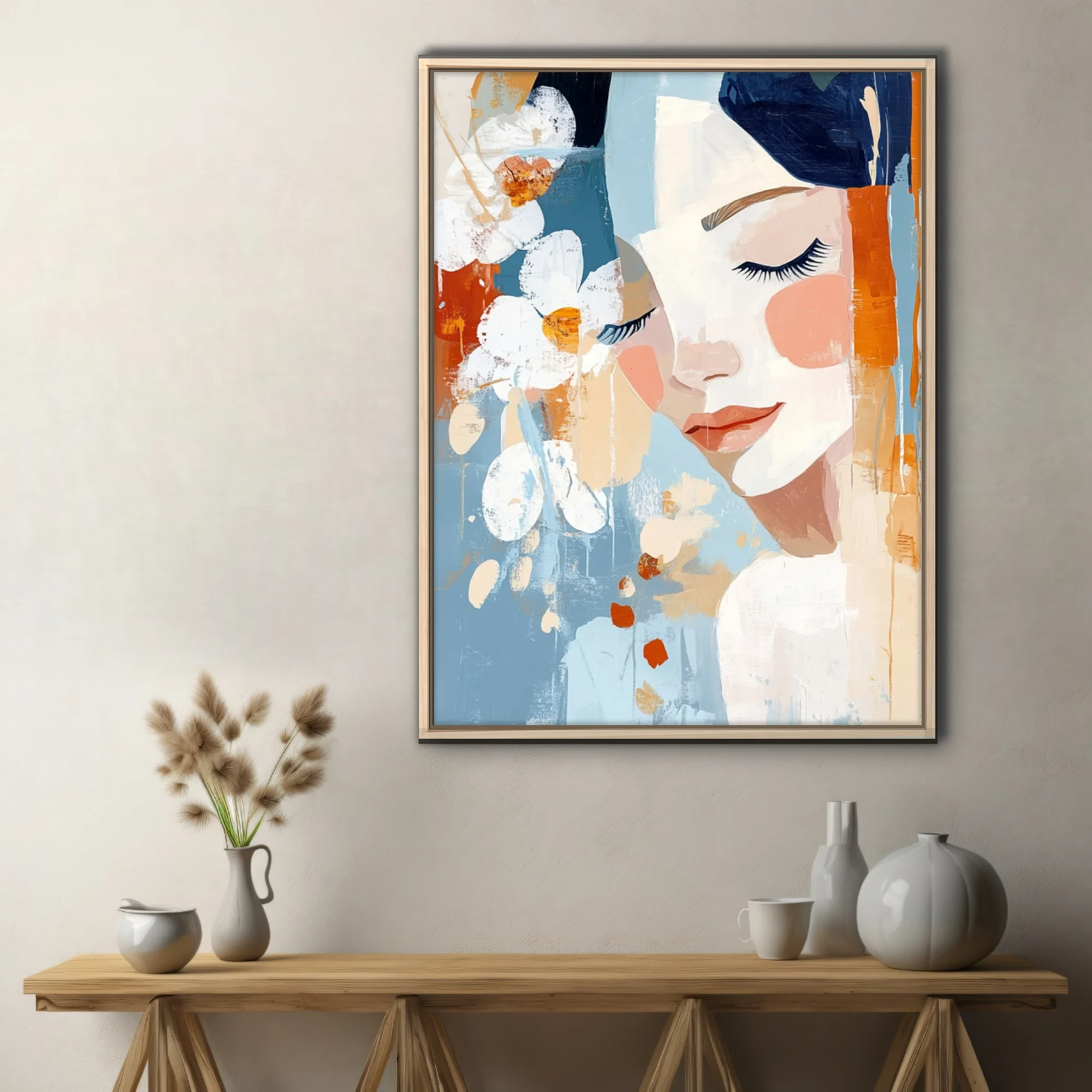 Abstract portrait of a woman with floral motifs, blue and terracotta painterly illustration