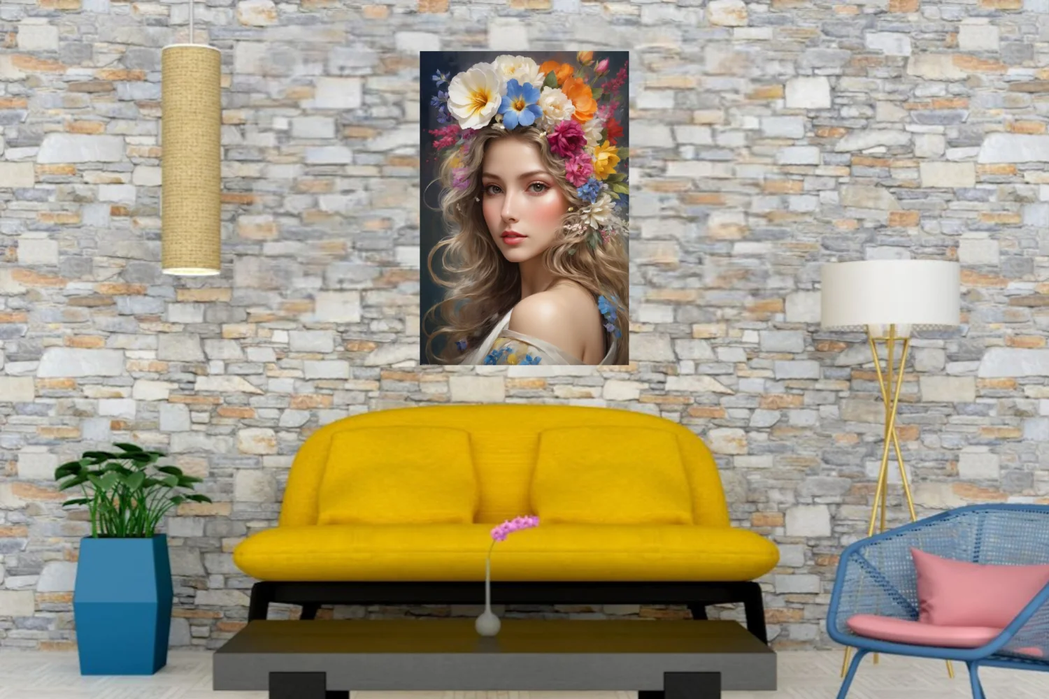 Romantic portrait of a woman with colorful floral crown, soft luminous tones
