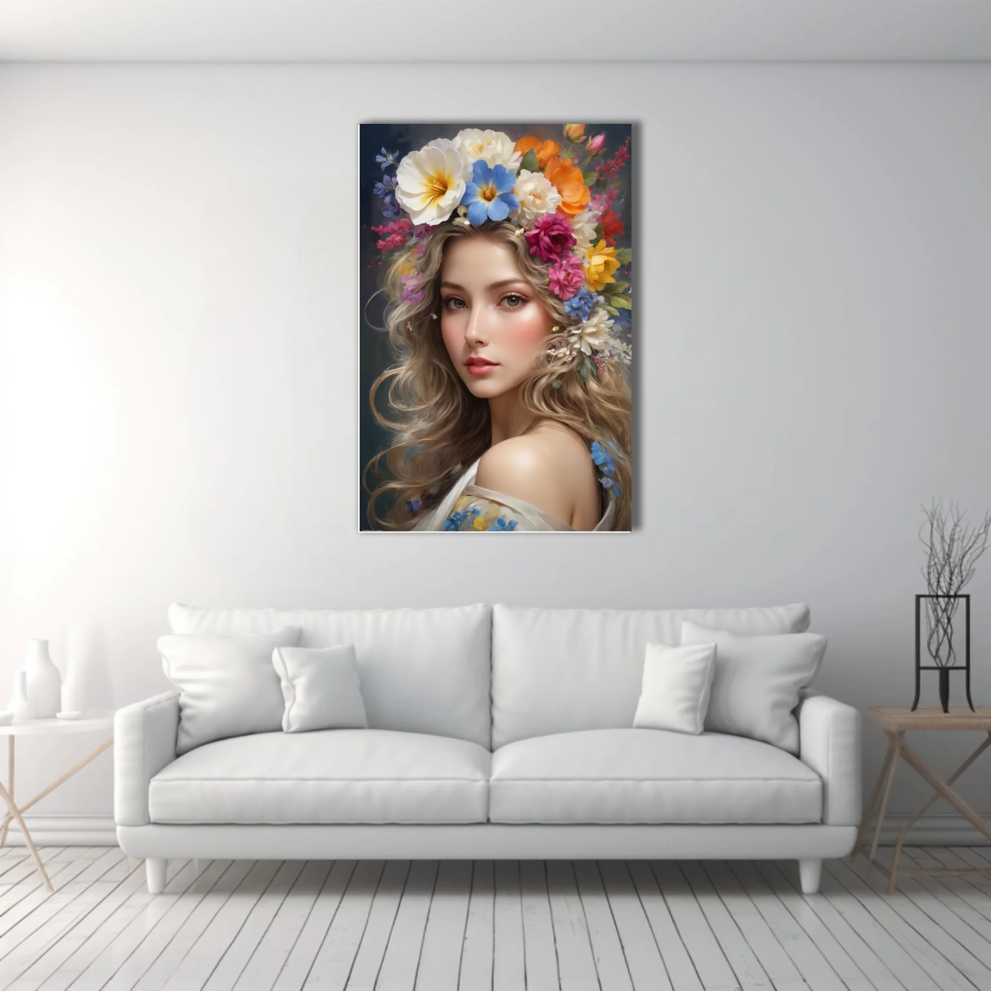 Romantic portrait of a woman with colorful floral crown, soft luminous tones