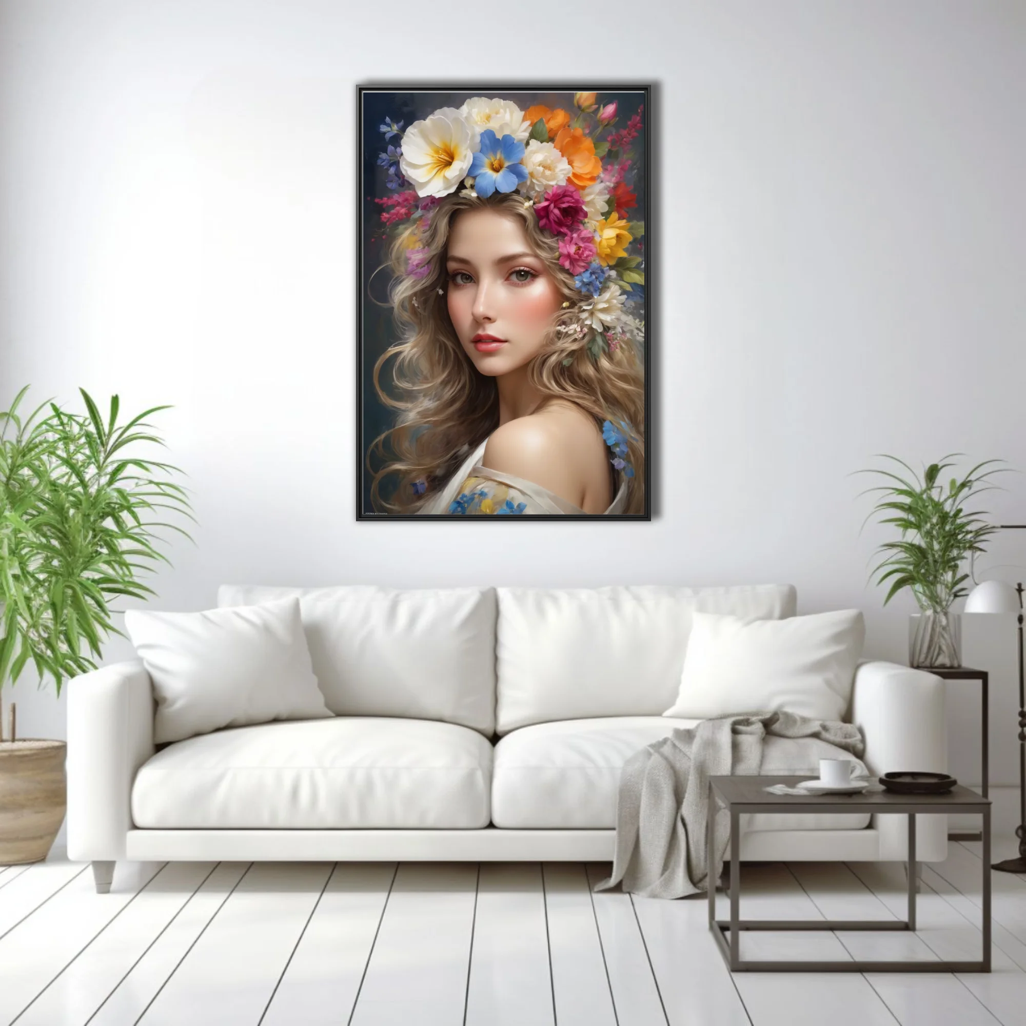 Romantic portrait of a woman with colorful floral crown, soft luminous tones