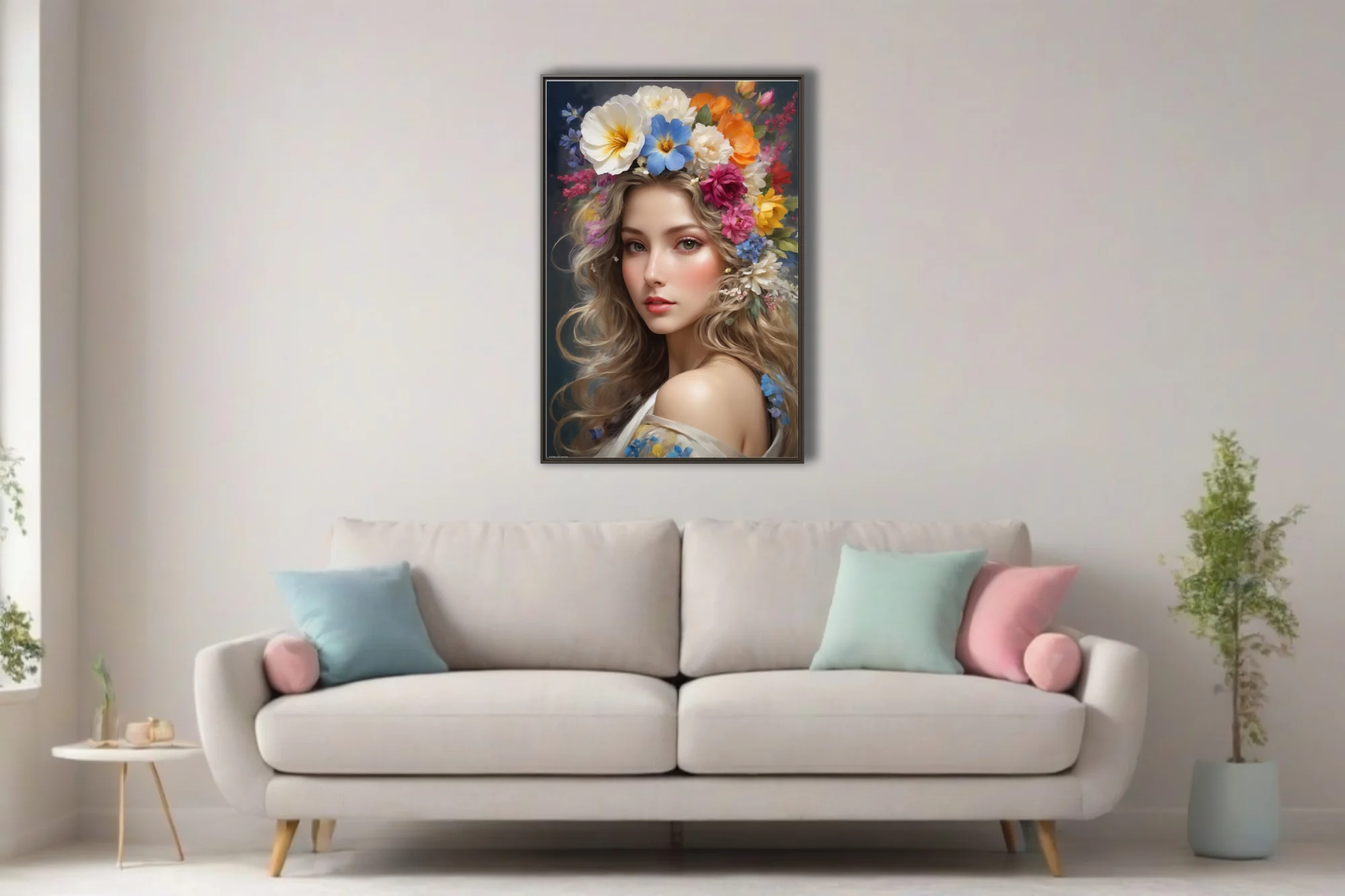 Romantic portrait of a woman with colorful floral crown, soft luminous tones