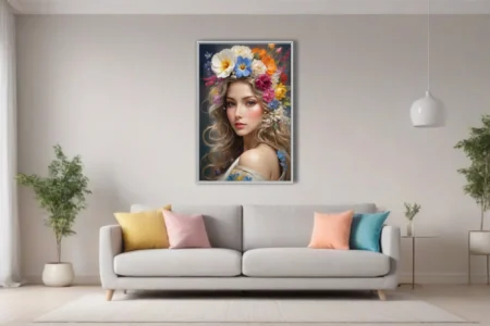 Romantic portrait of a woman with colorful floral crown, soft luminous tones