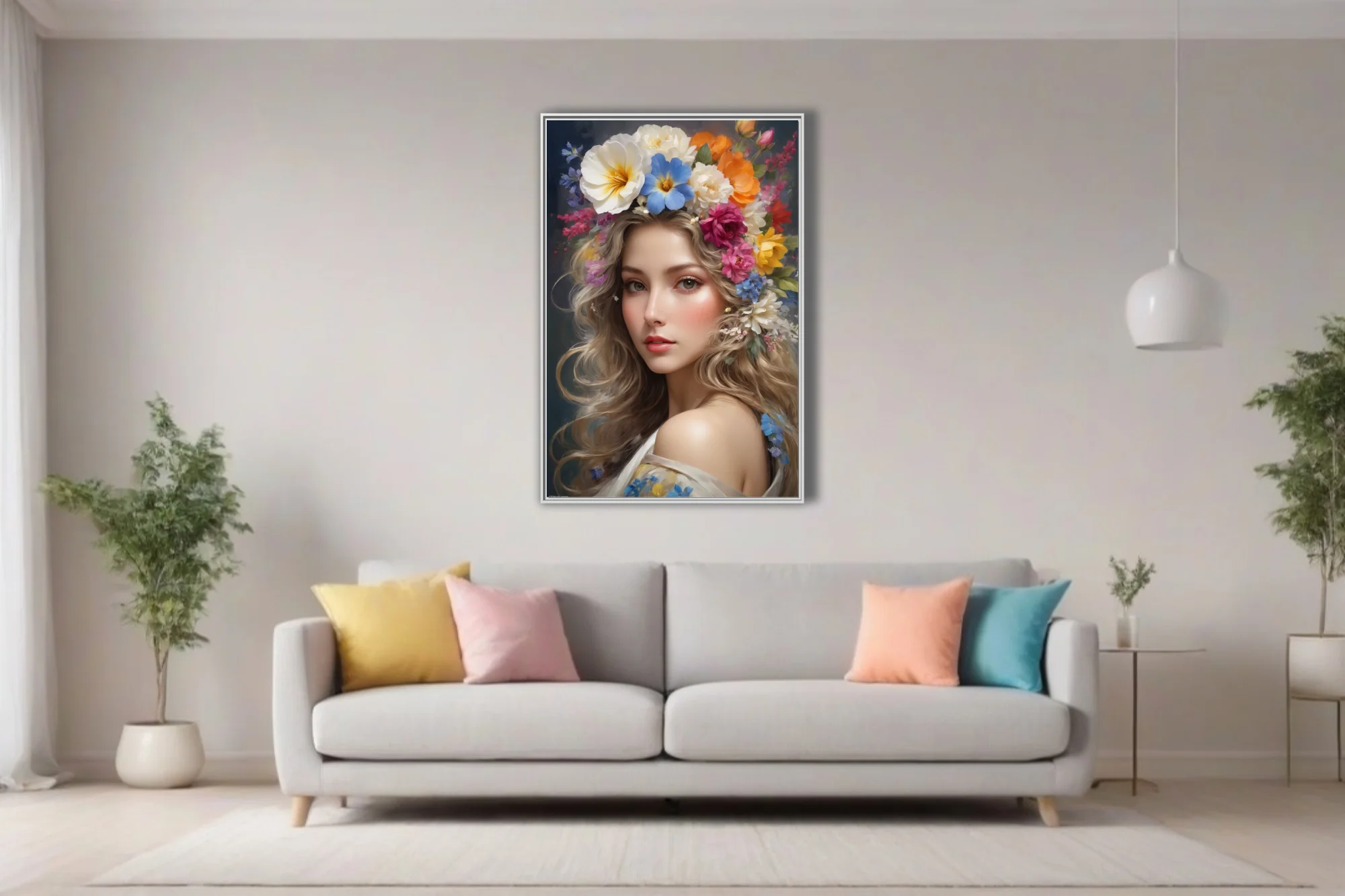 Romantic portrait of a woman with colorful floral crown, soft luminous tones