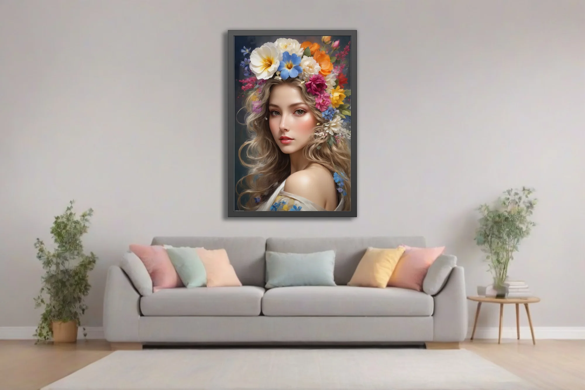 Romantic portrait of a woman with colorful floral crown, soft luminous tones