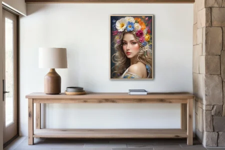 Romantic portrait of a woman with colorful floral crown, soft luminous tones
