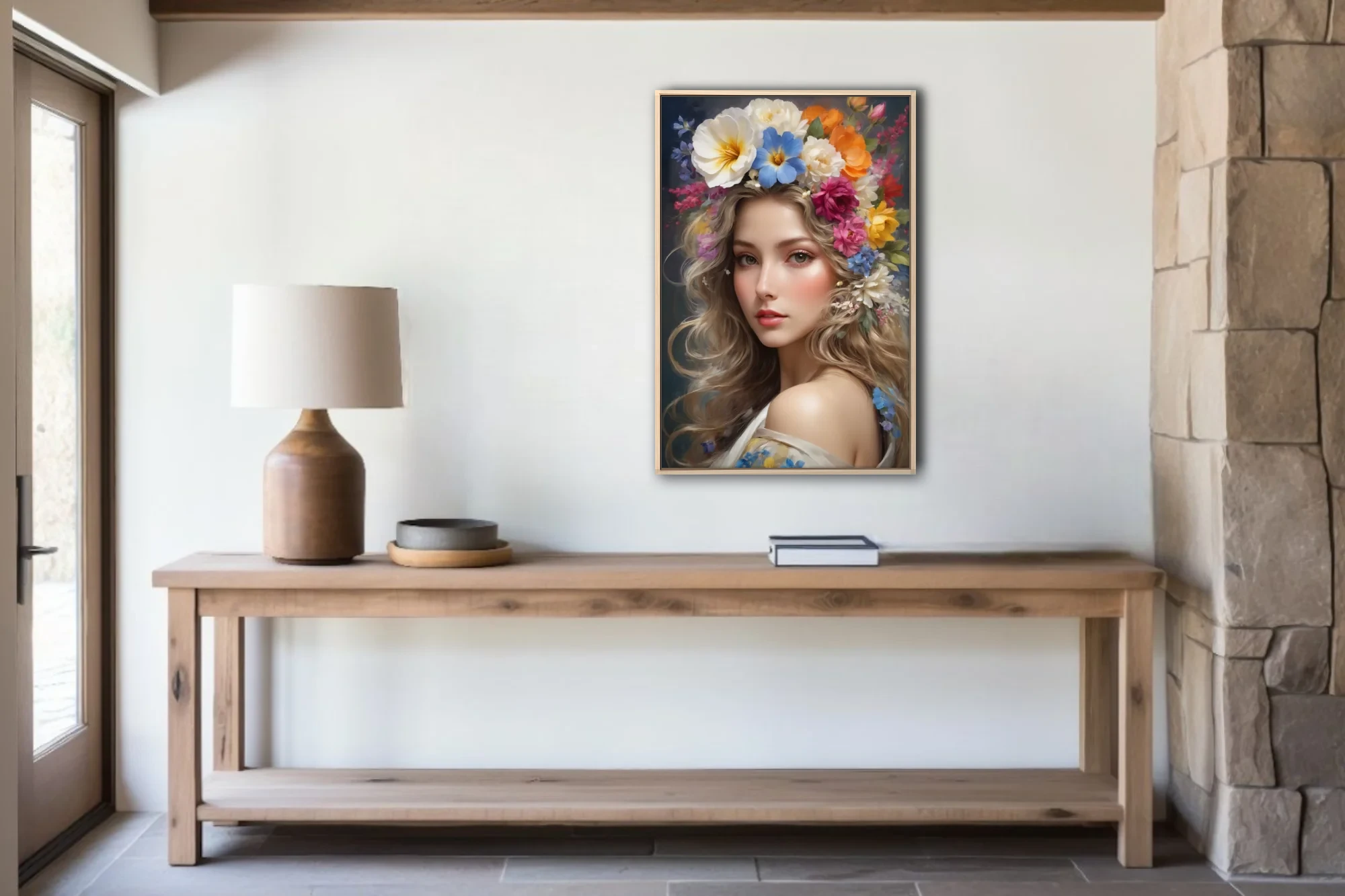 Romantic portrait of a woman with colorful floral crown, soft luminous tones