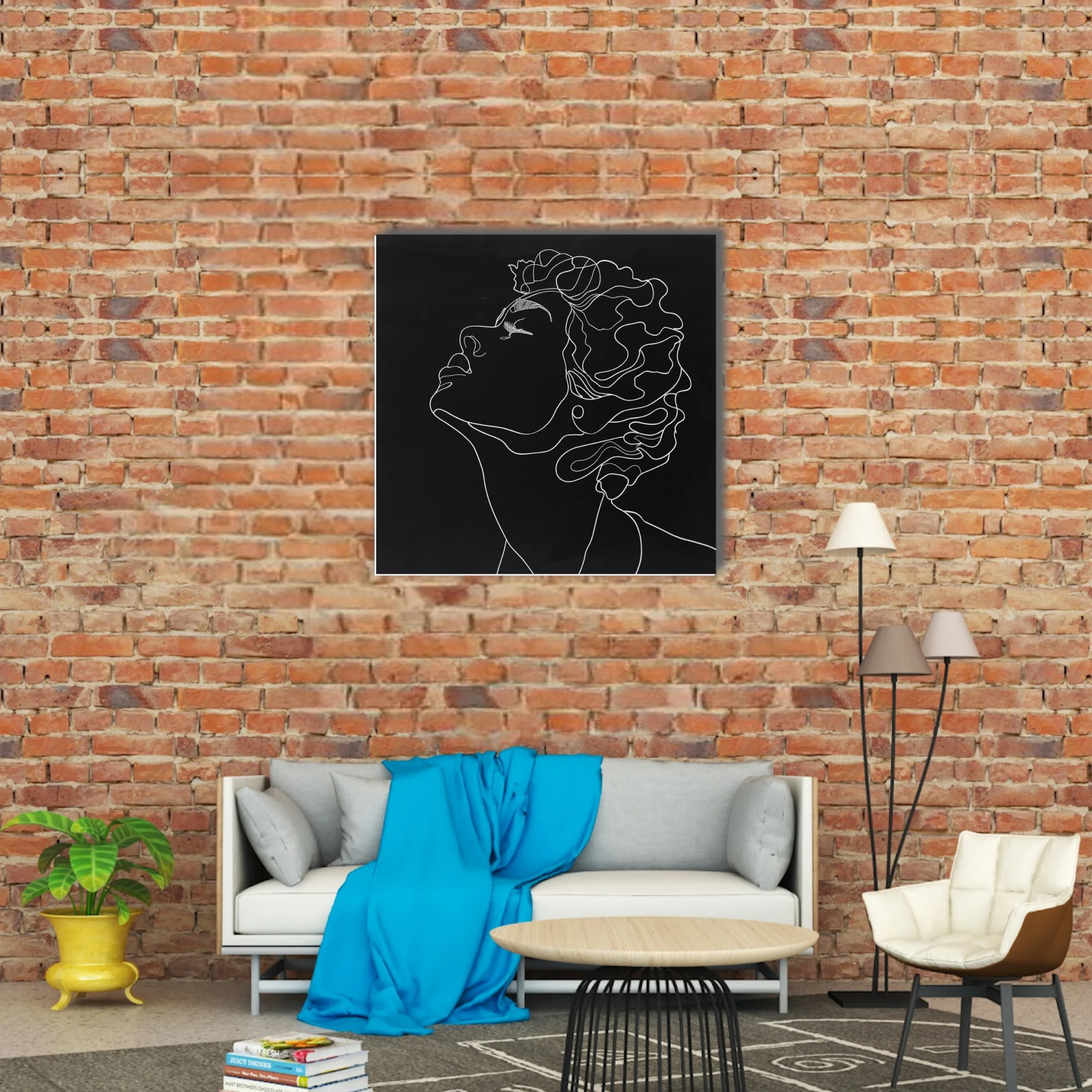 Minimalist white line-art portrait of a curly-haired figure on black background