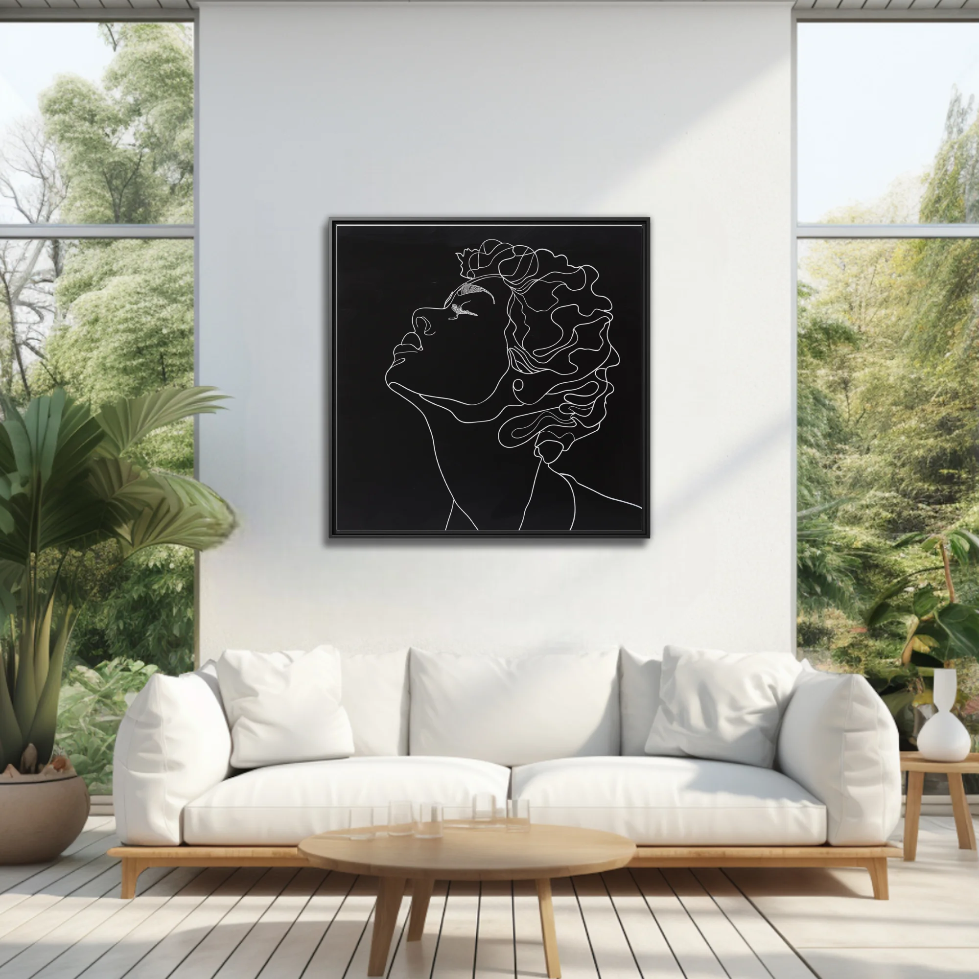 Minimalist white line-art portrait of a curly-haired figure on black background