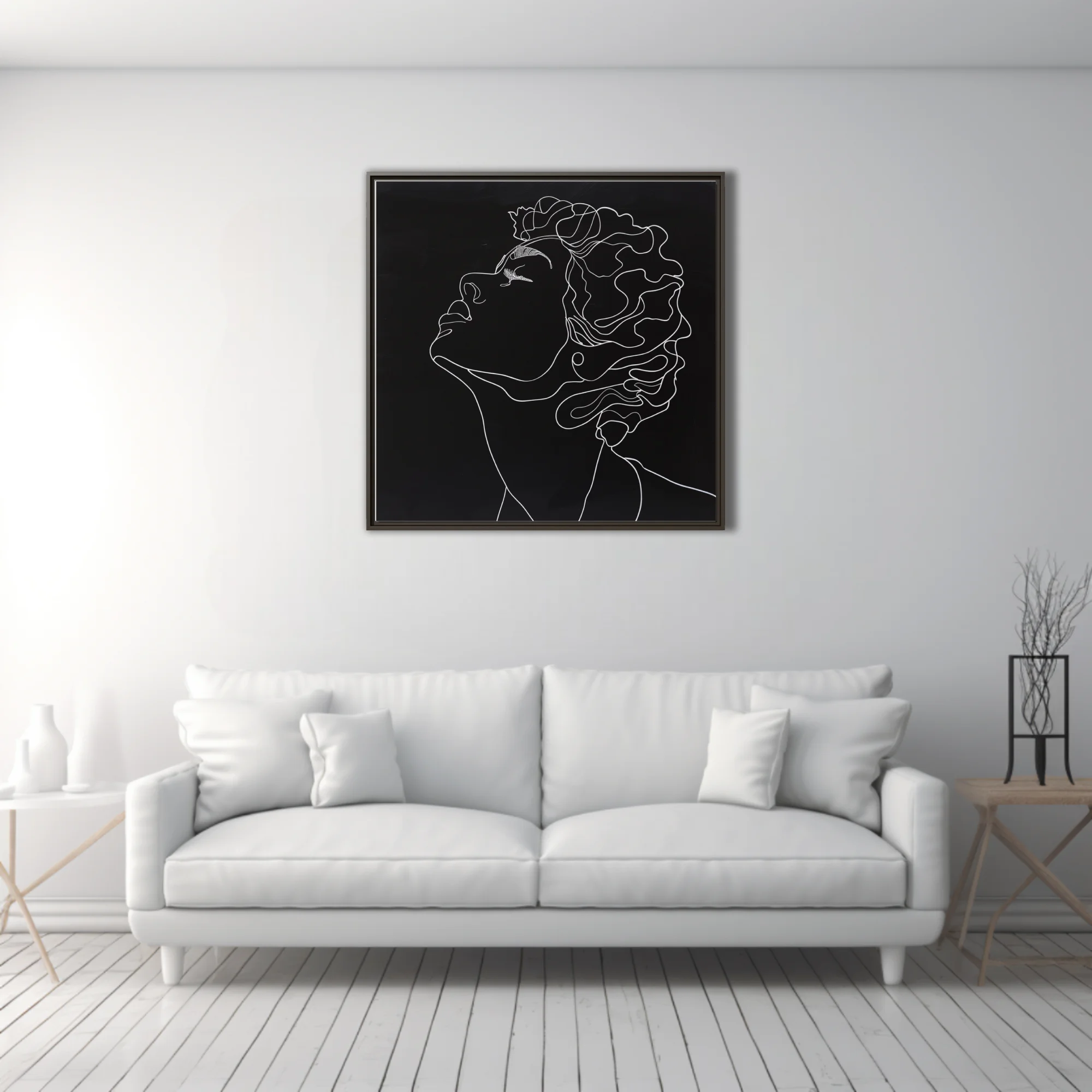 Minimalist white line-art portrait of a curly-haired figure on black background