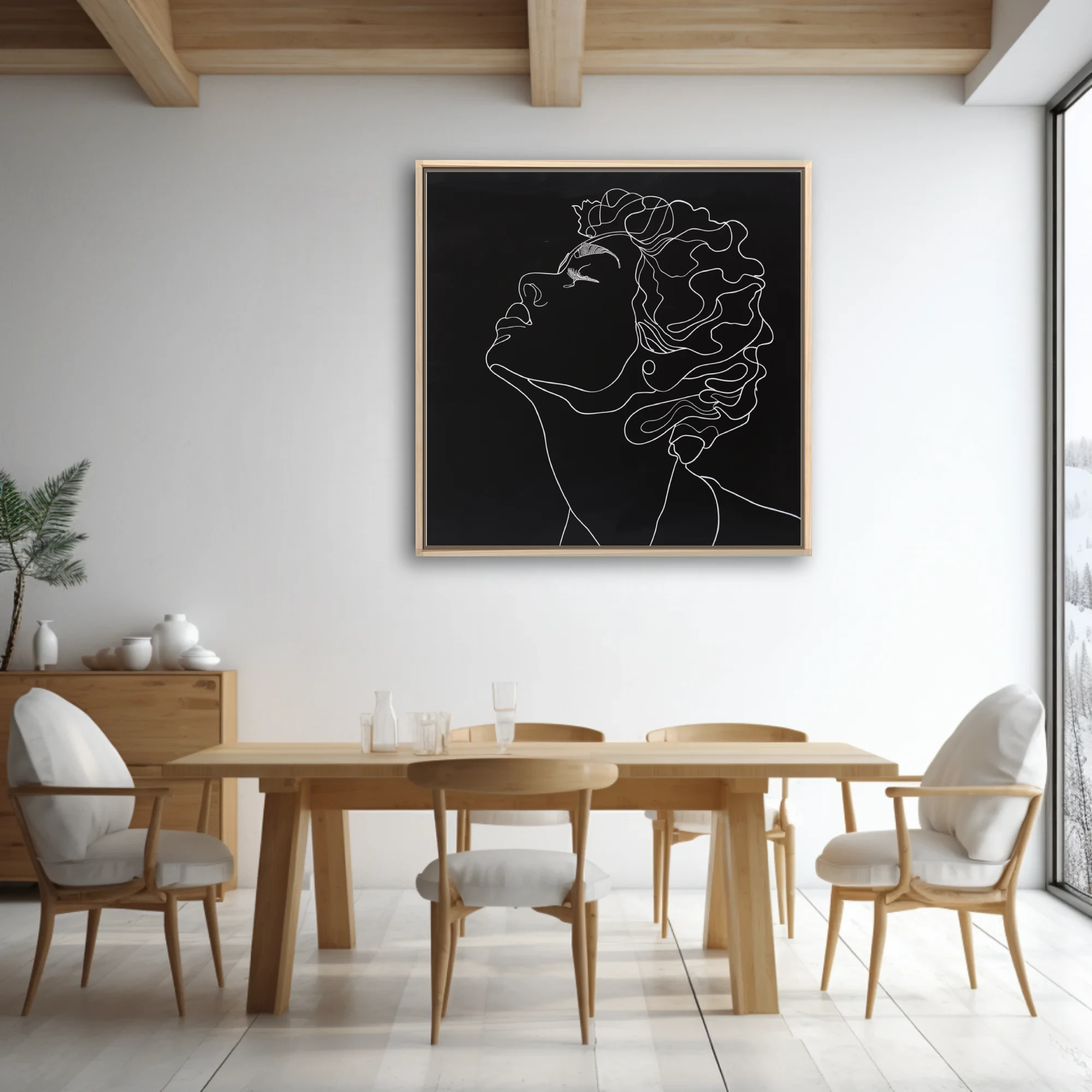 Minimalist white line-art portrait of a curly-haired figure on black background