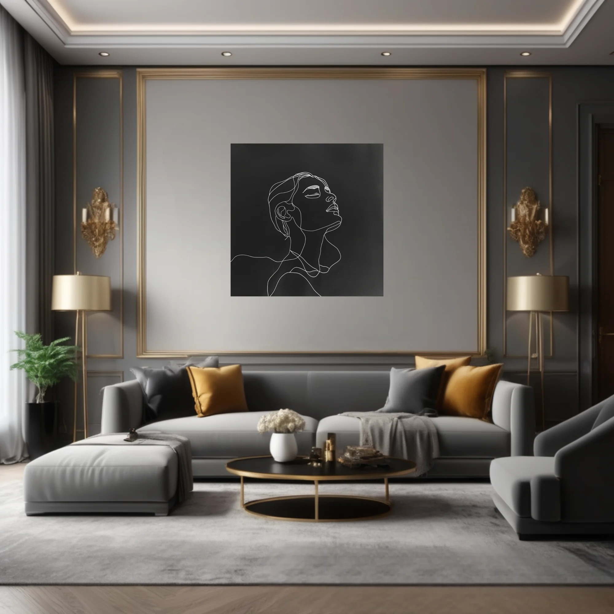 Minimalist white line-art portrait of a figure gazing upward on black background