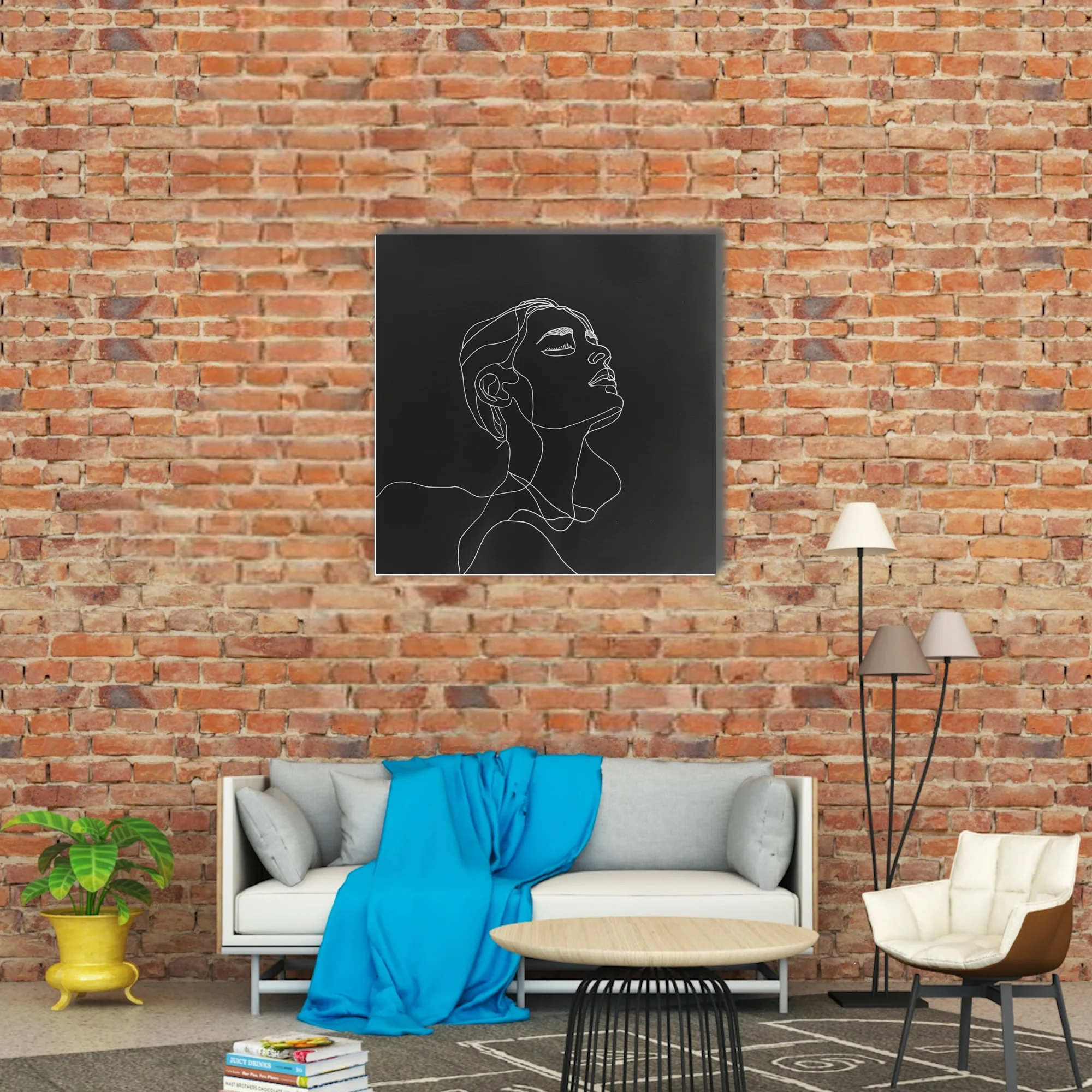 Minimalist white line-art portrait of a figure gazing upward on black background