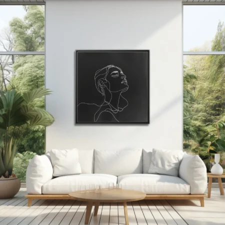 Minimalist white line-art portrait of a figure gazing upward on black background