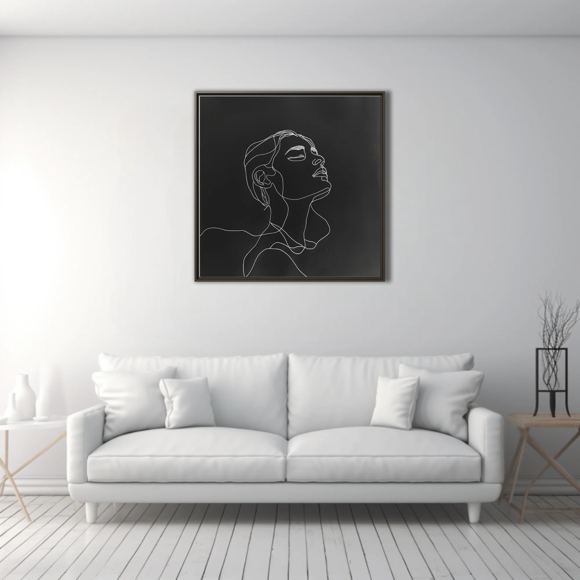 Minimalist white line-art portrait of a figure gazing upward on black background